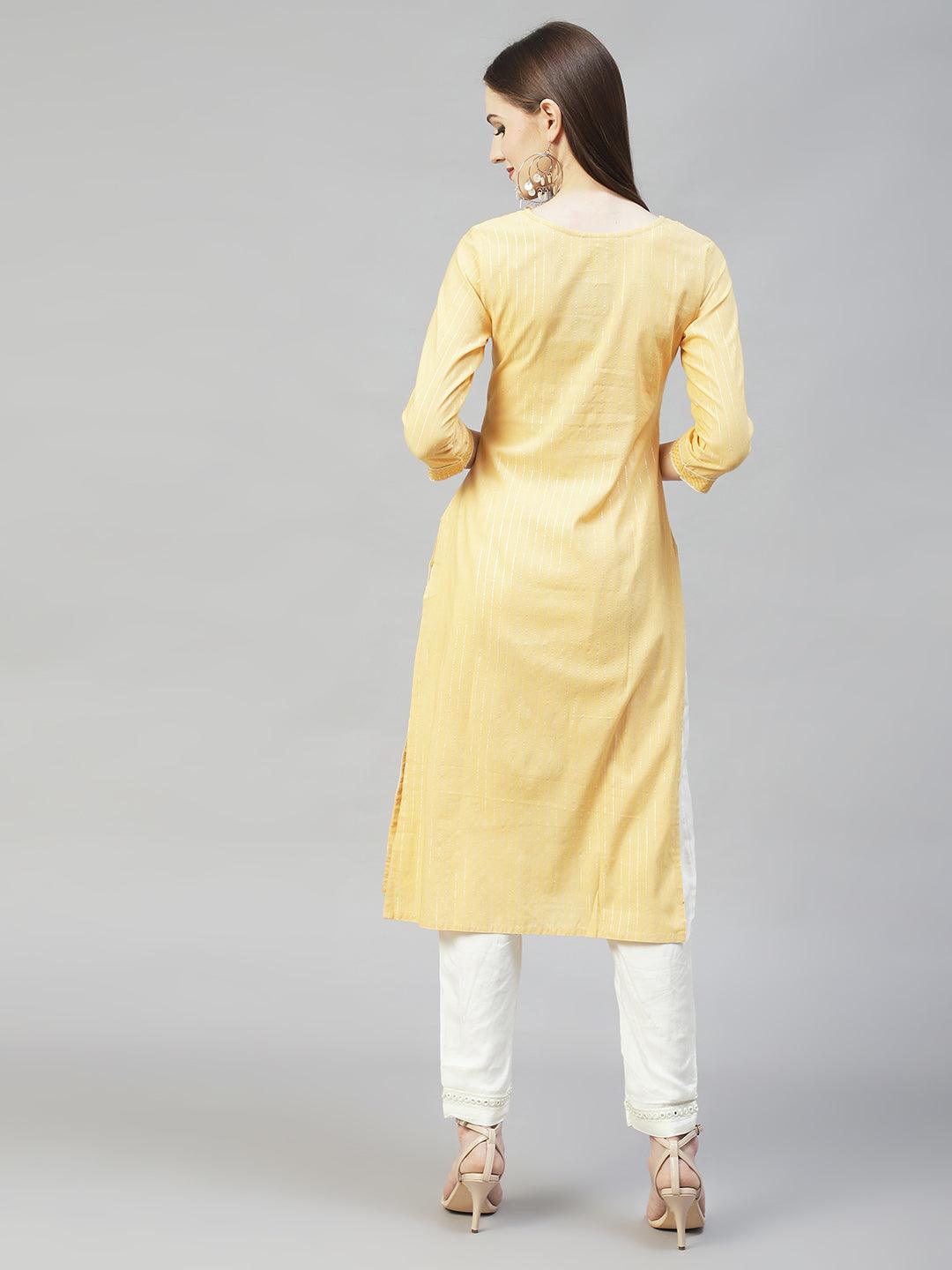 Floral Embroidered & Lurex Striped Straight Fit Kurta – Yellow - Indiakreations