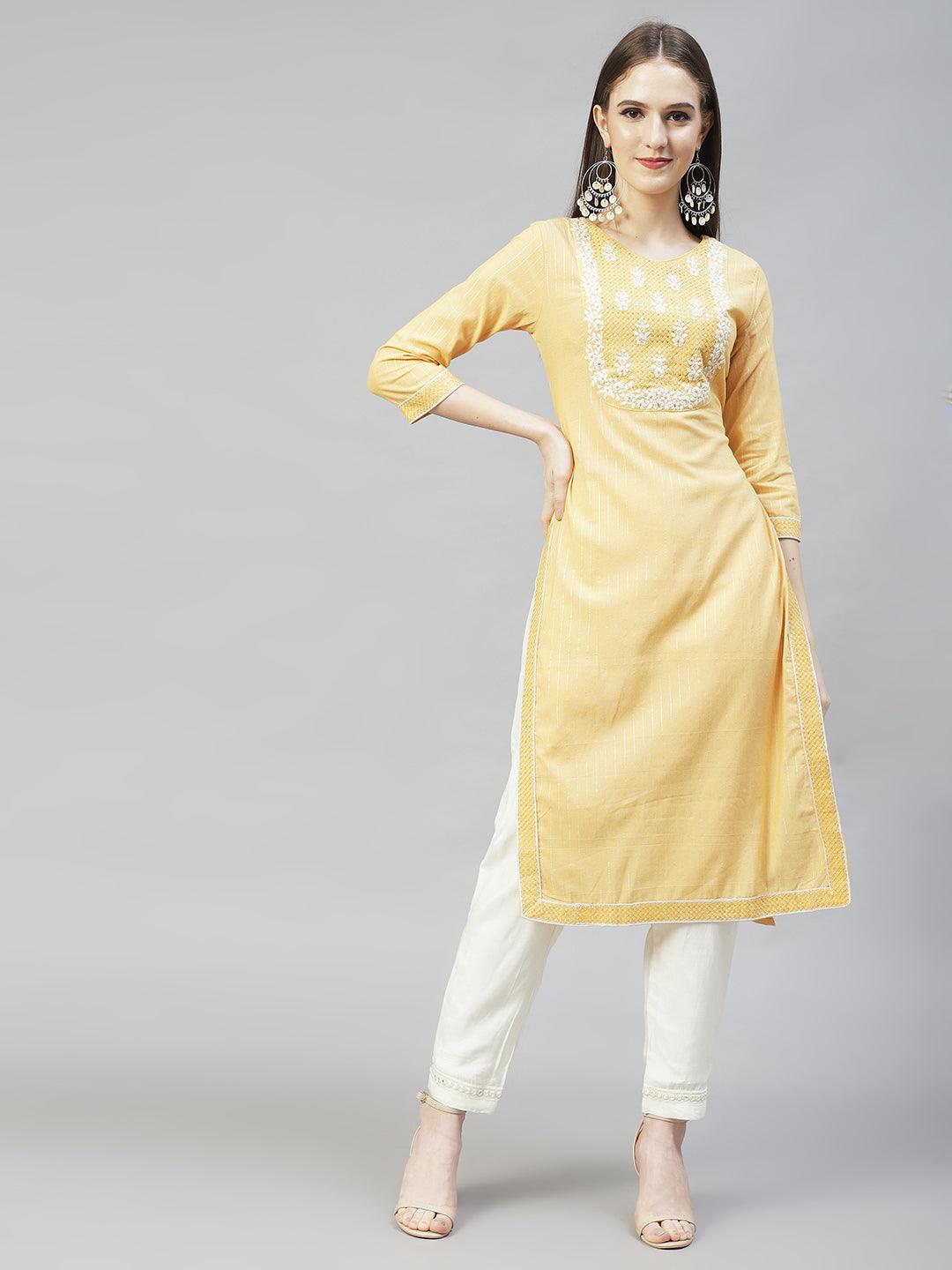 Floral Embroidered & Lurex Striped Straight Fit Kurta – Yellow - Indiakreations