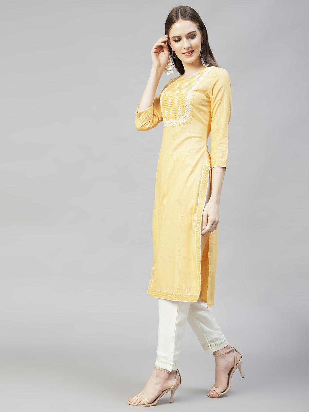 Floral Embroidered & Lurex Striped Straight Fit Kurta – Yellow - Indiakreations