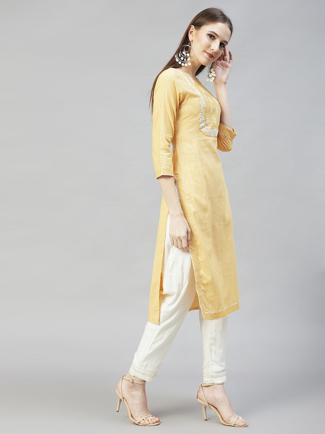 Floral Embroidered & Lurex Striped Straight Fit Kurta – Yellow - Indiakreations