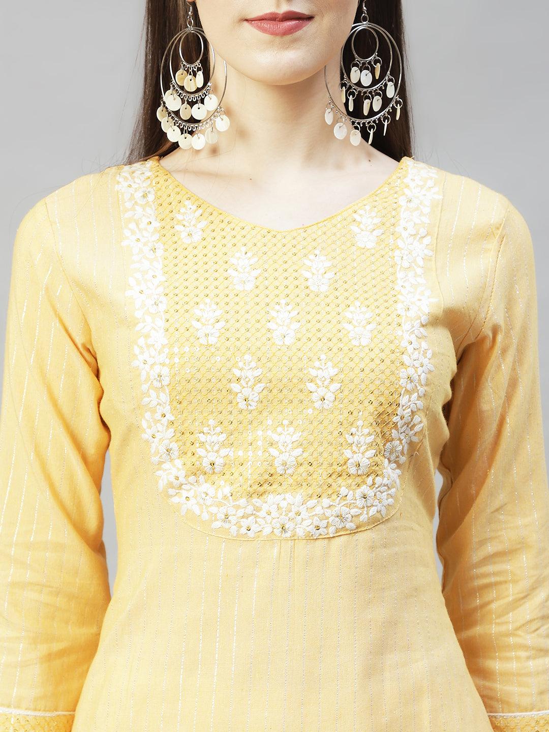 Floral Embroidered & Lurex Striped Straight Fit Kurta – Yellow - Indiakreations