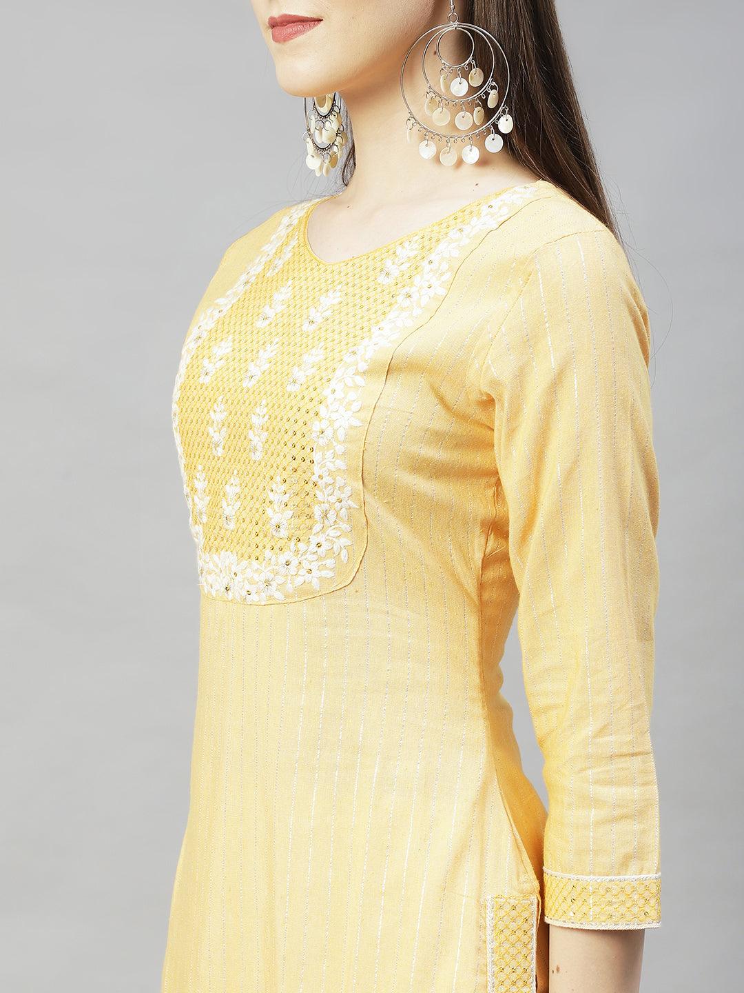 Floral Embroidered & Lurex Striped Straight Fit Kurta – Yellow - Indiakreations