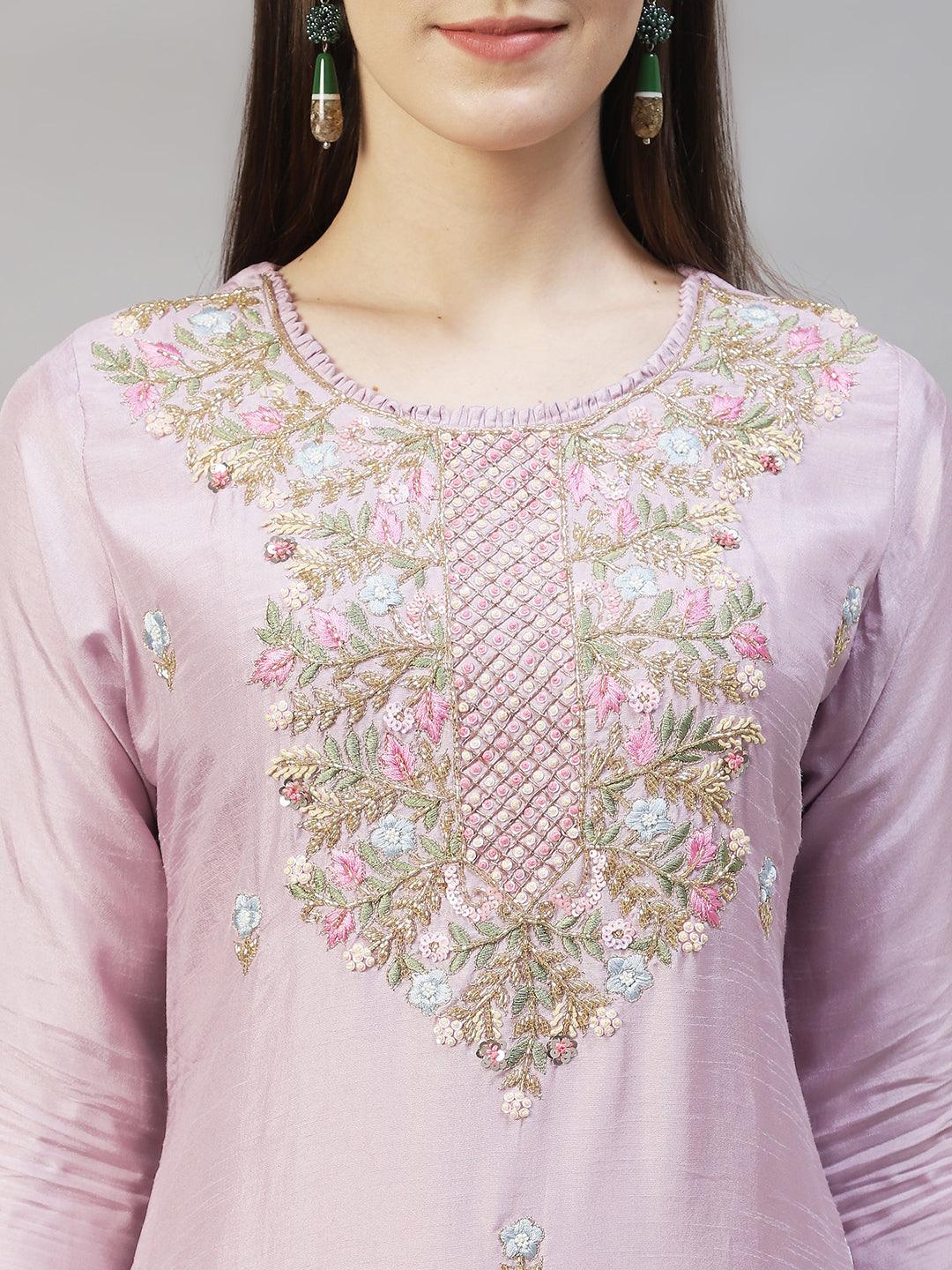 Floral Hand Embroidered Straight Fit Kurta with Pants - Pastel Purple - Indiakreations