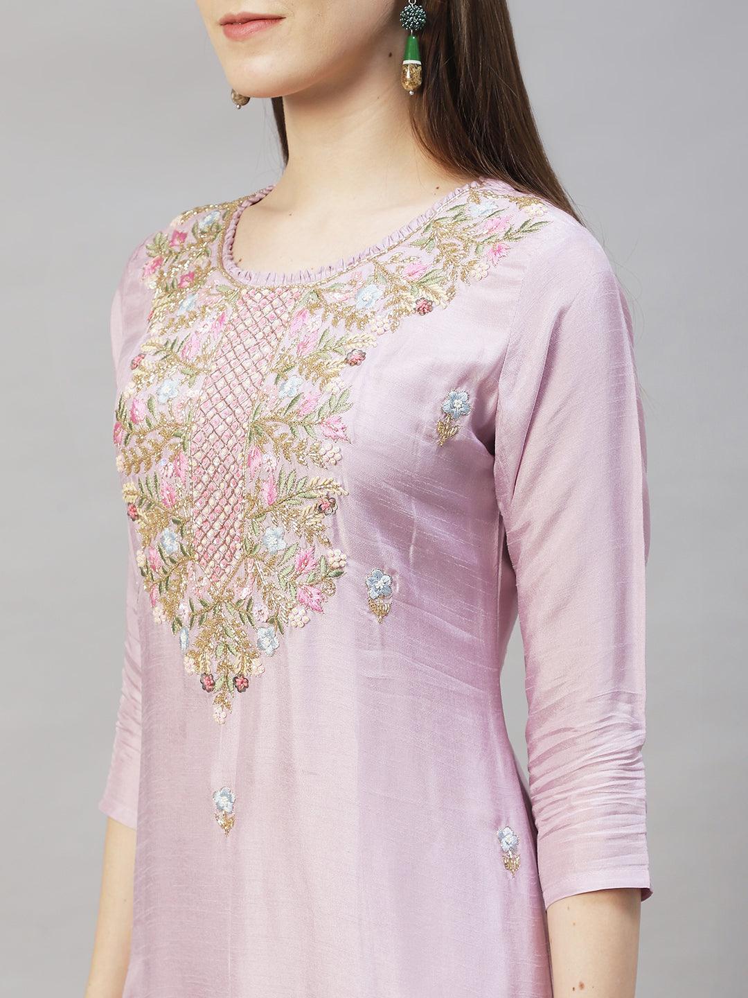 Floral Hand Embroidered Straight Fit Kurta with Pants - Pastel Purple - Indiakreations