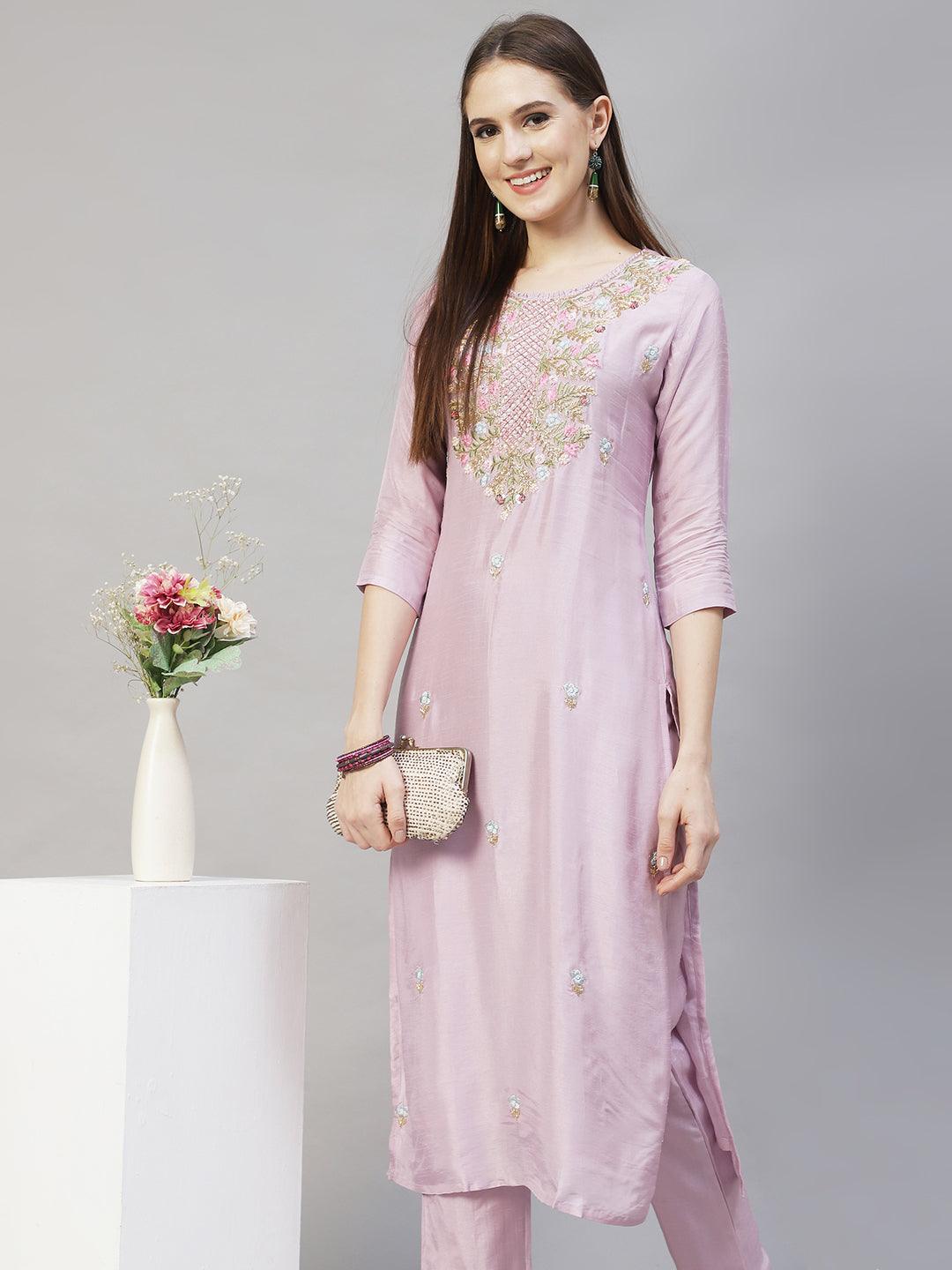 Floral Hand Embroidered Straight Fit Kurta with Pants - Pastel Purple - Indiakreations