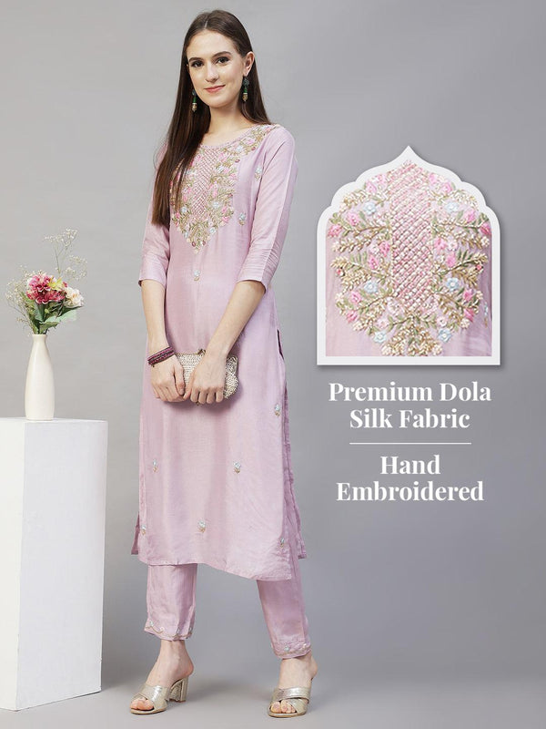 Floral Hand Embroidered Straight Fit Kurta with Pants - Pastel Purple - Indiakreations