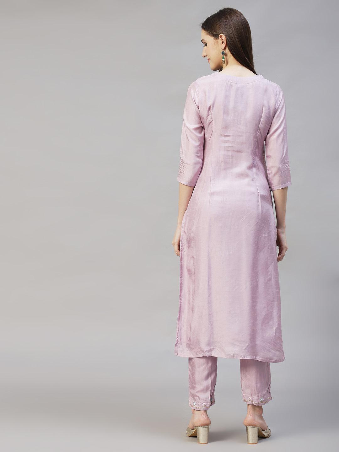 Floral Hand Embroidered Straight Fit Kurta with Pants - Pastel Purple - Indiakreations