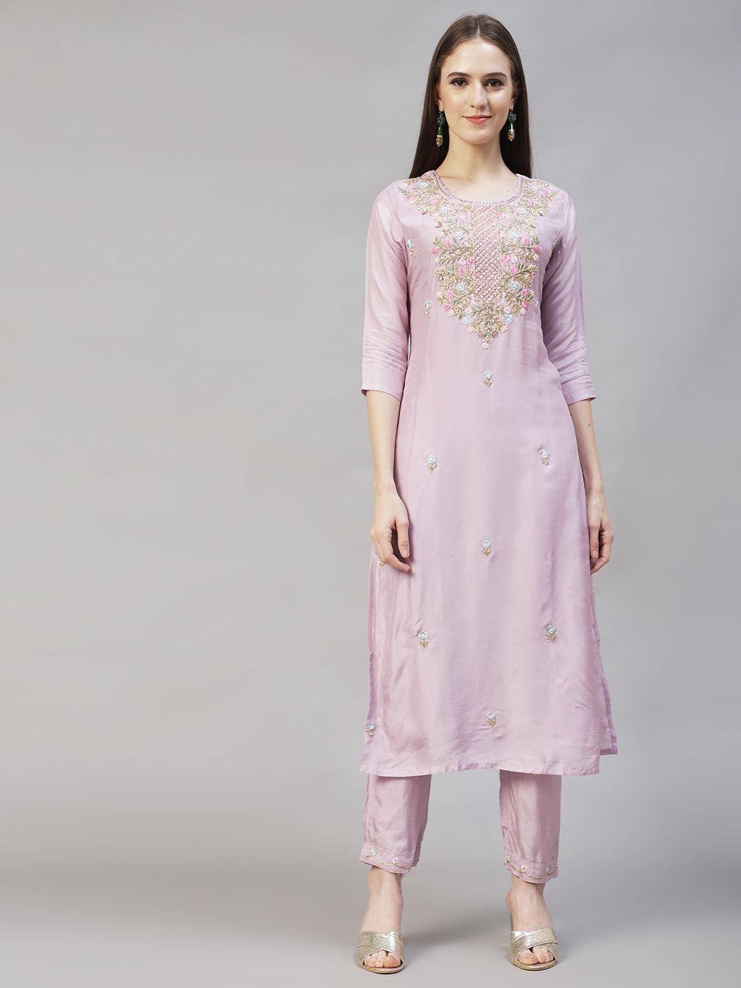 Floral Hand Embroidered Straight Fit Kurta with Pants - Pastel Purple - Indiakreations