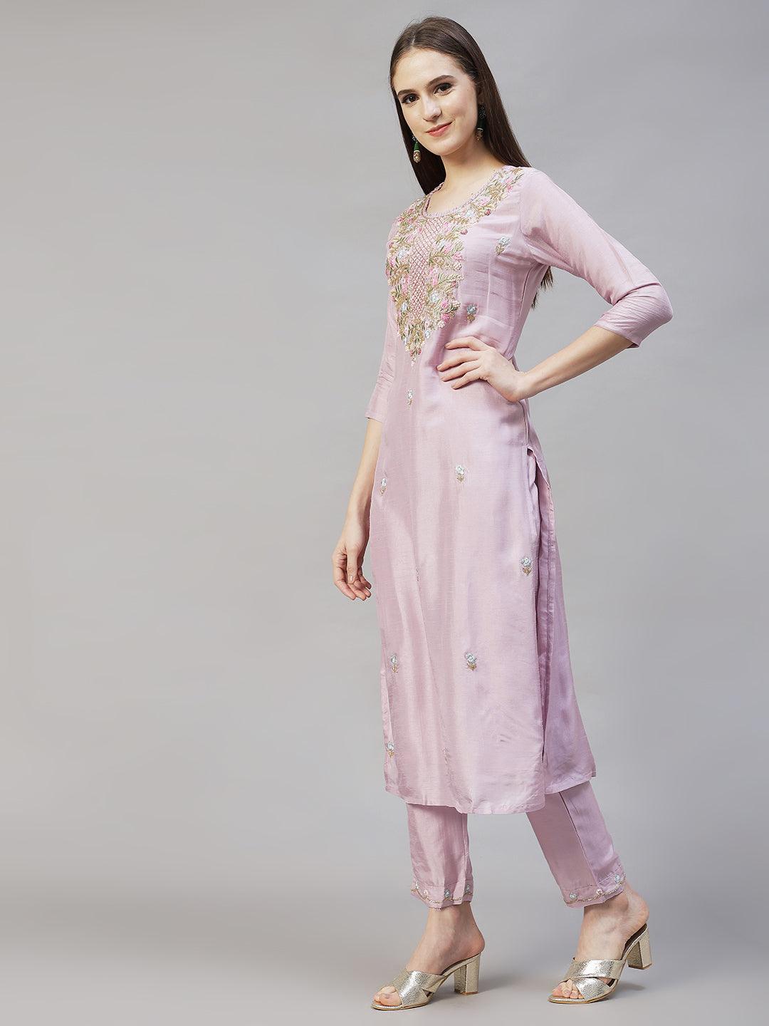 Floral Hand Embroidered Straight Fit Kurta with Pants - Pastel Purple - Indiakreations