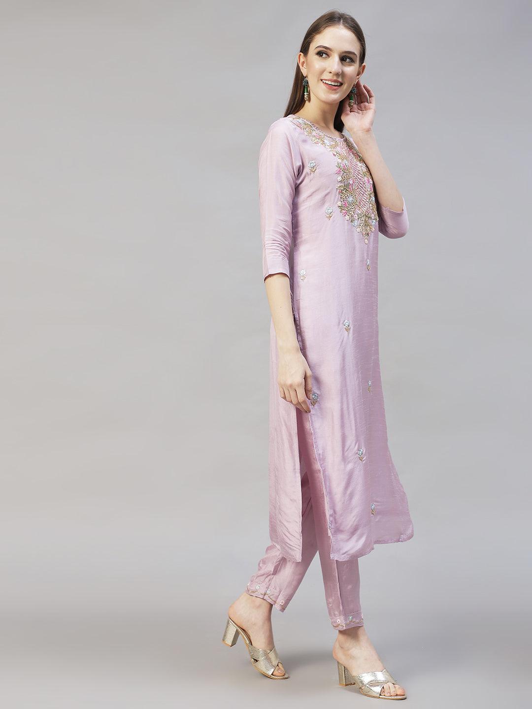 Floral Hand Embroidered Straight Fit Kurta with Pants - Pastel Purple - Indiakreations