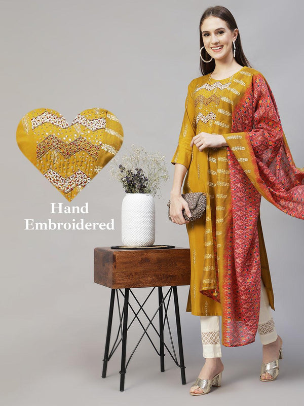 Ethnic Printed & Hand Embroidered Straight Kurta with Dupatta - Mustard - Indiakreations