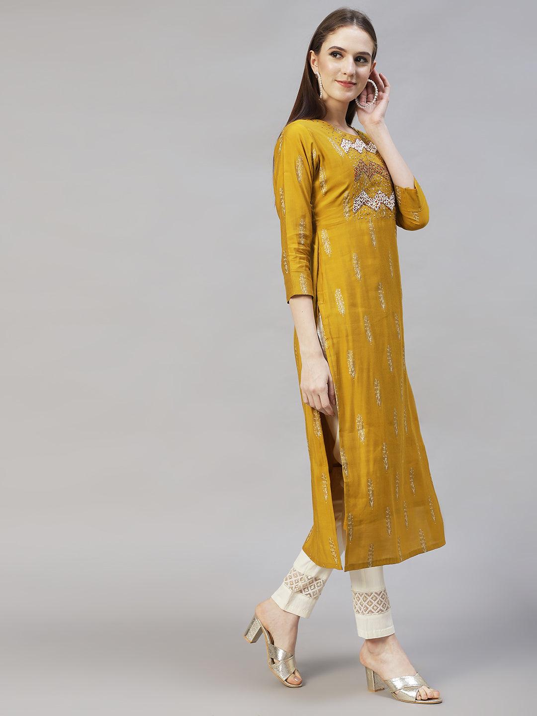 Ethnic Printed & Hand Embroidered Straight Kurta with Dupatta - Mustard - Indiakreations