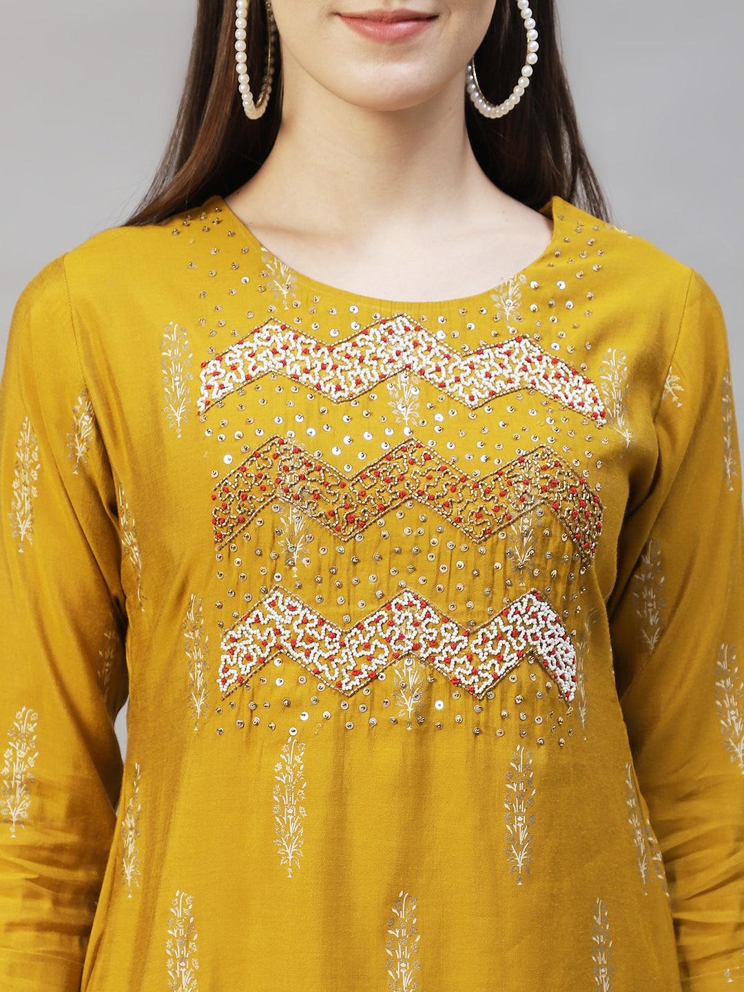 Ethnic Printed & Hand Embroidered Straight Kurta with Dupatta - Mustard - Indiakreations