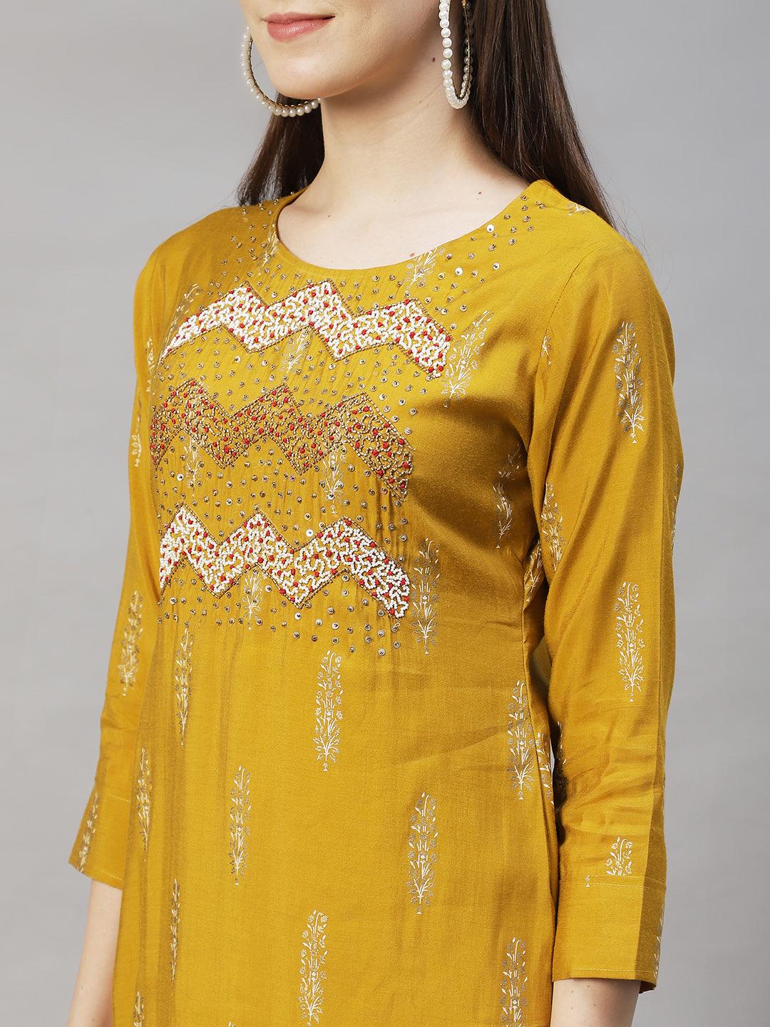 Ethnic Printed & Hand Embroidered Straight Kurta with Dupatta - Mustard - Indiakreations