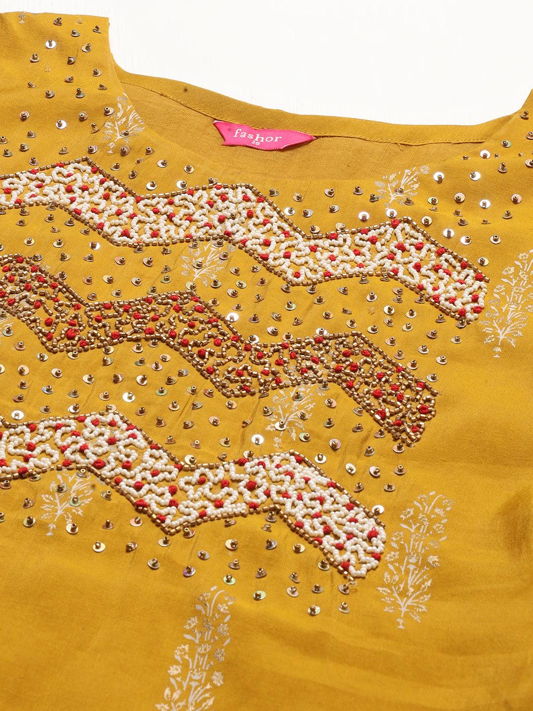 Ethnic Printed & Hand Embroidered Straight Kurta with Dupatta - Mustard - Indiakreations