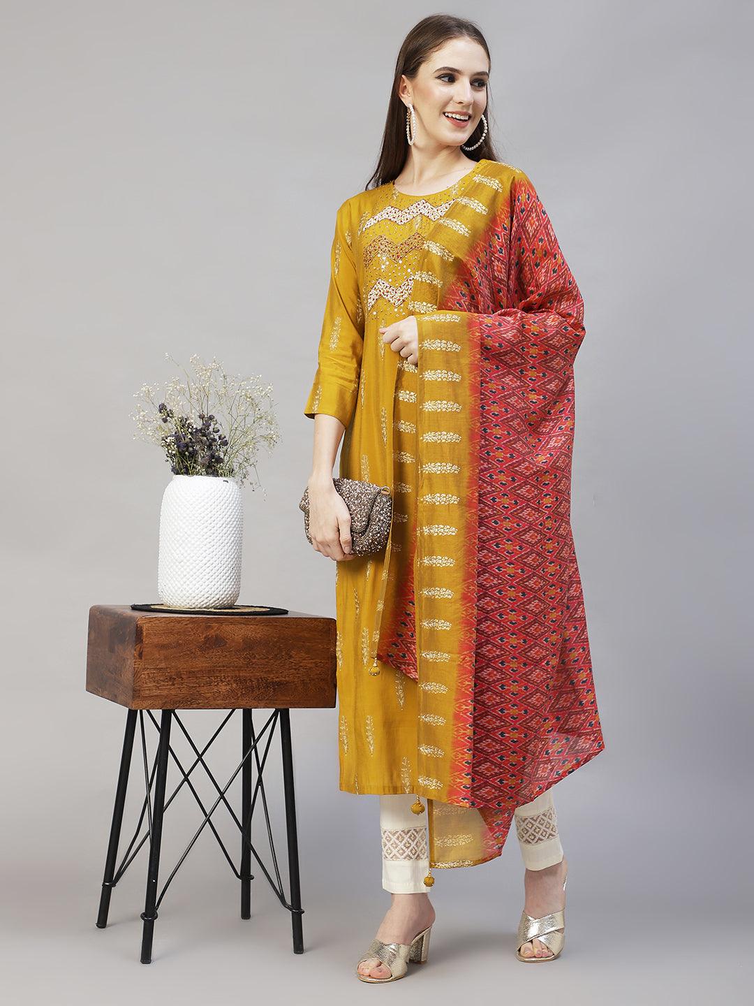 Ethnic Printed & Hand Embroidered Straight Kurta with Dupatta - Mustard - Indiakreations