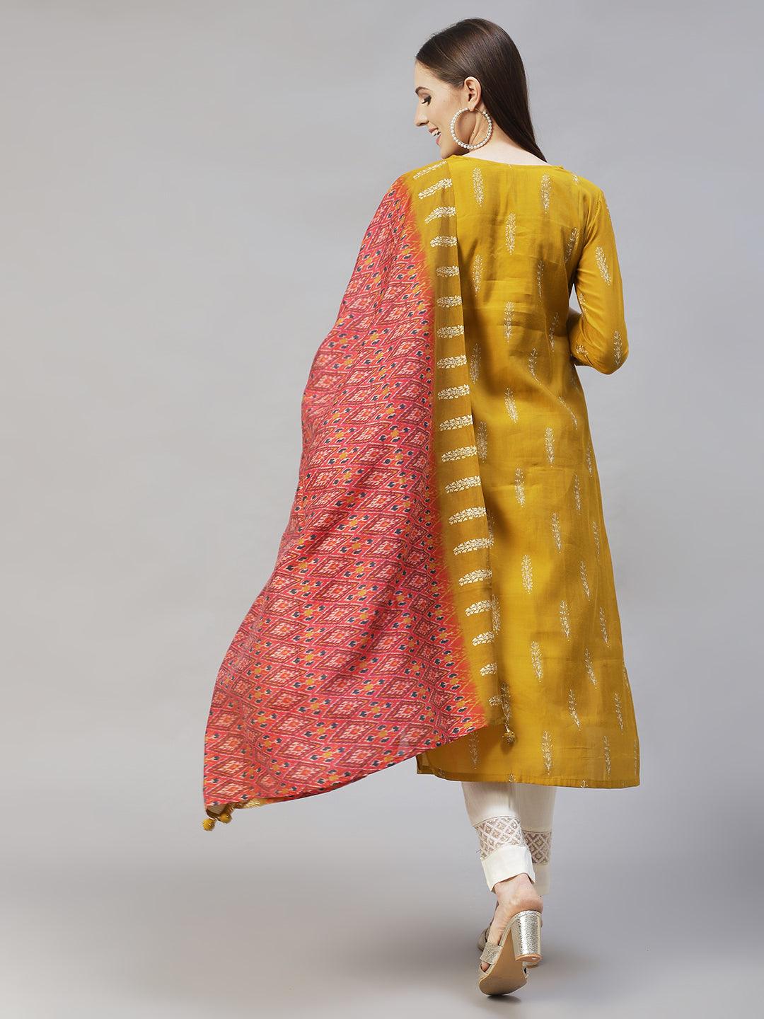 Ethnic Printed & Hand Embroidered Straight Kurta with Dupatta - Mustard - Indiakreations