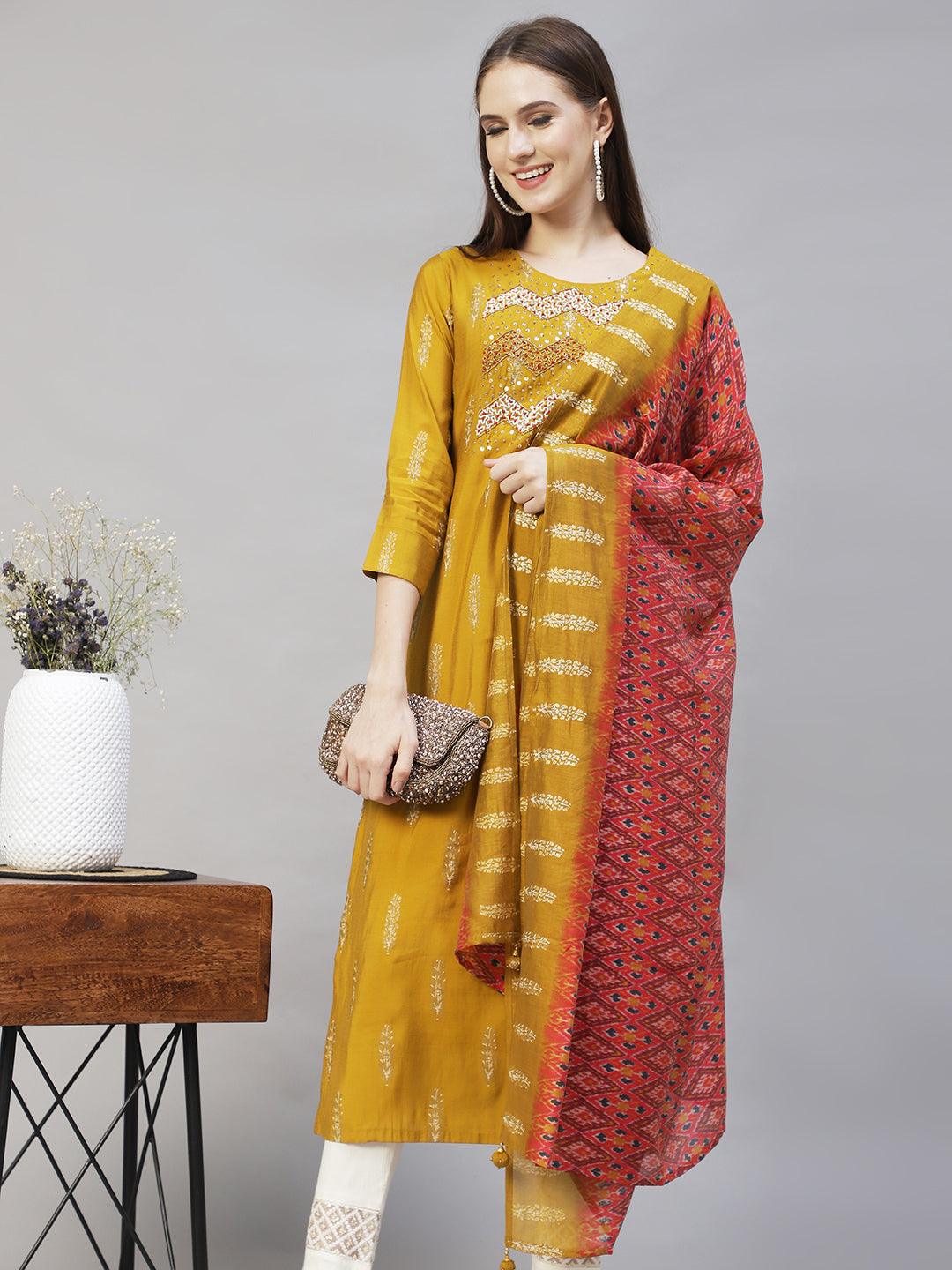 Ethnic Printed & Hand Embroidered Straight Kurta with Dupatta - Mustard - Indiakreations