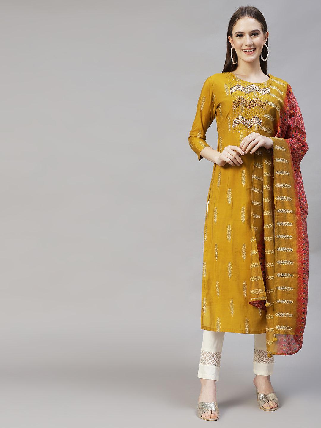 Ethnic Printed & Hand Embroidered Straight Kurta with Dupatta - Mustard - Indiakreations