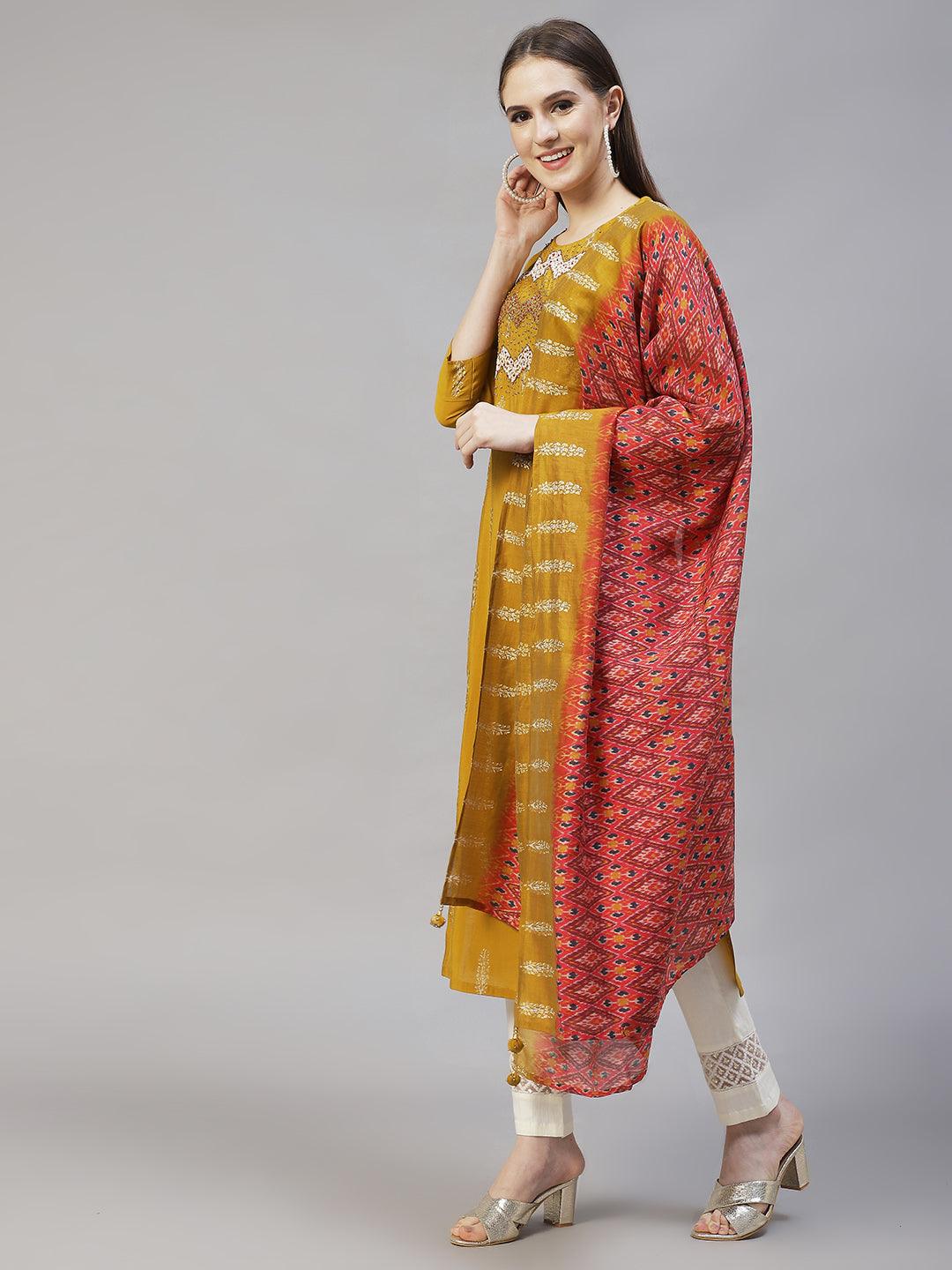 Ethnic Printed & Hand Embroidered Straight Kurta with Dupatta - Mustard - Indiakreations