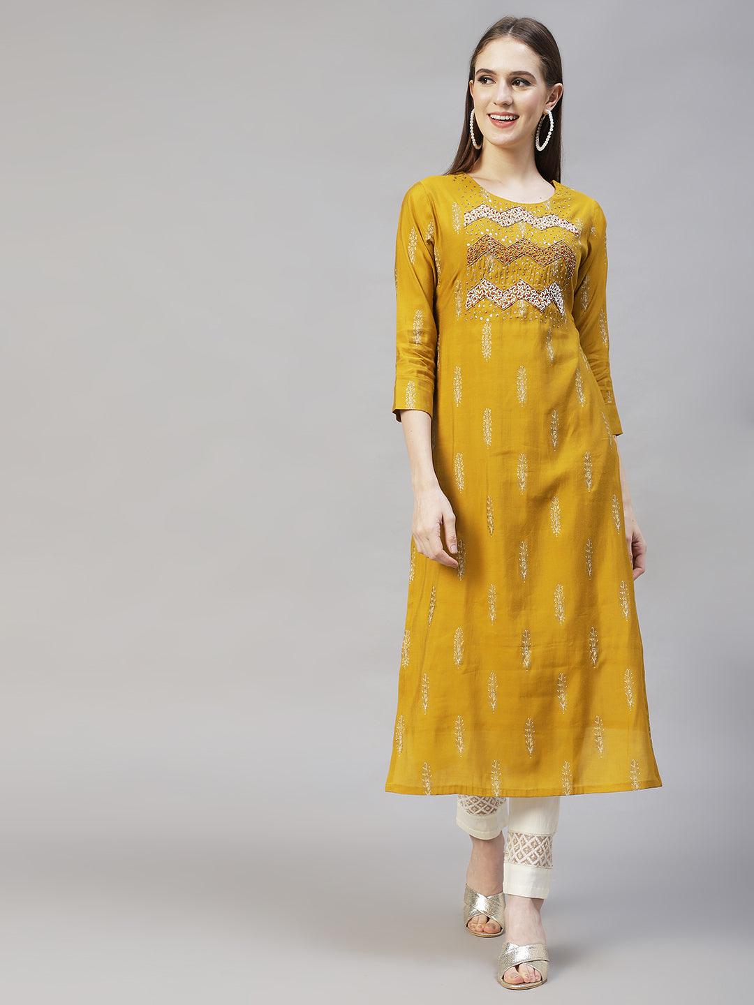 Ethnic Printed & Hand Embroidered Straight Kurta with Dupatta - Mustard - Indiakreations