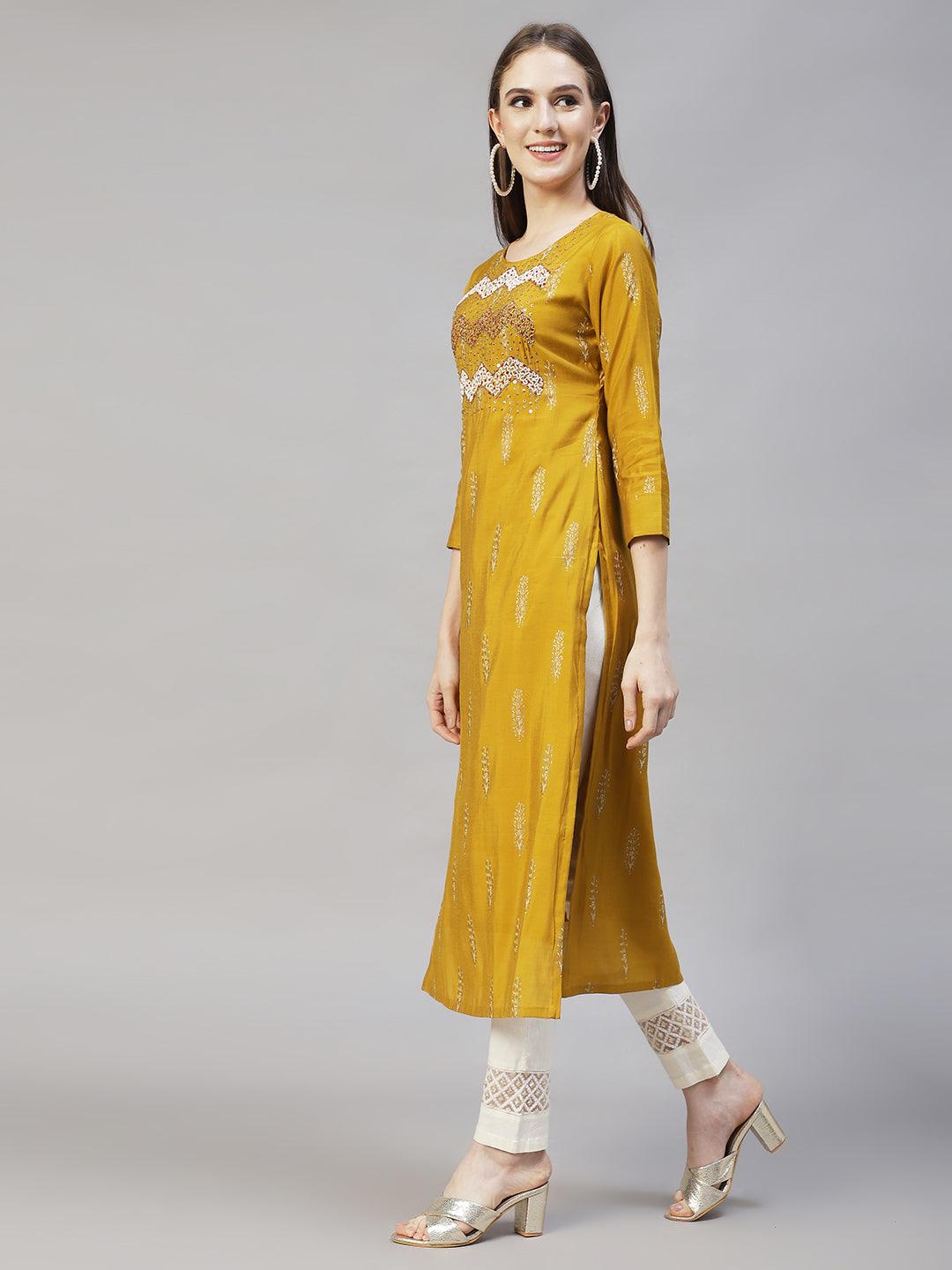 Ethnic Printed & Hand Embroidered Straight Kurta with Dupatta - Mustard - Indiakreations