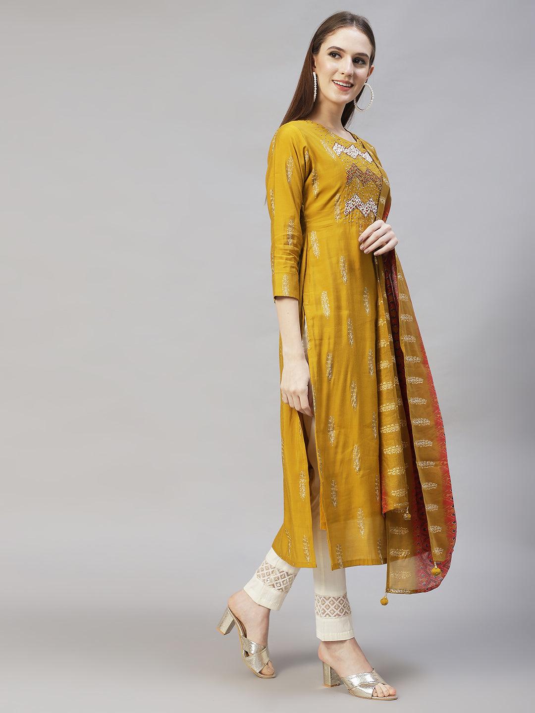 Ethnic Printed & Hand Embroidered Straight Kurta with Dupatta - Mustard - Indiakreations