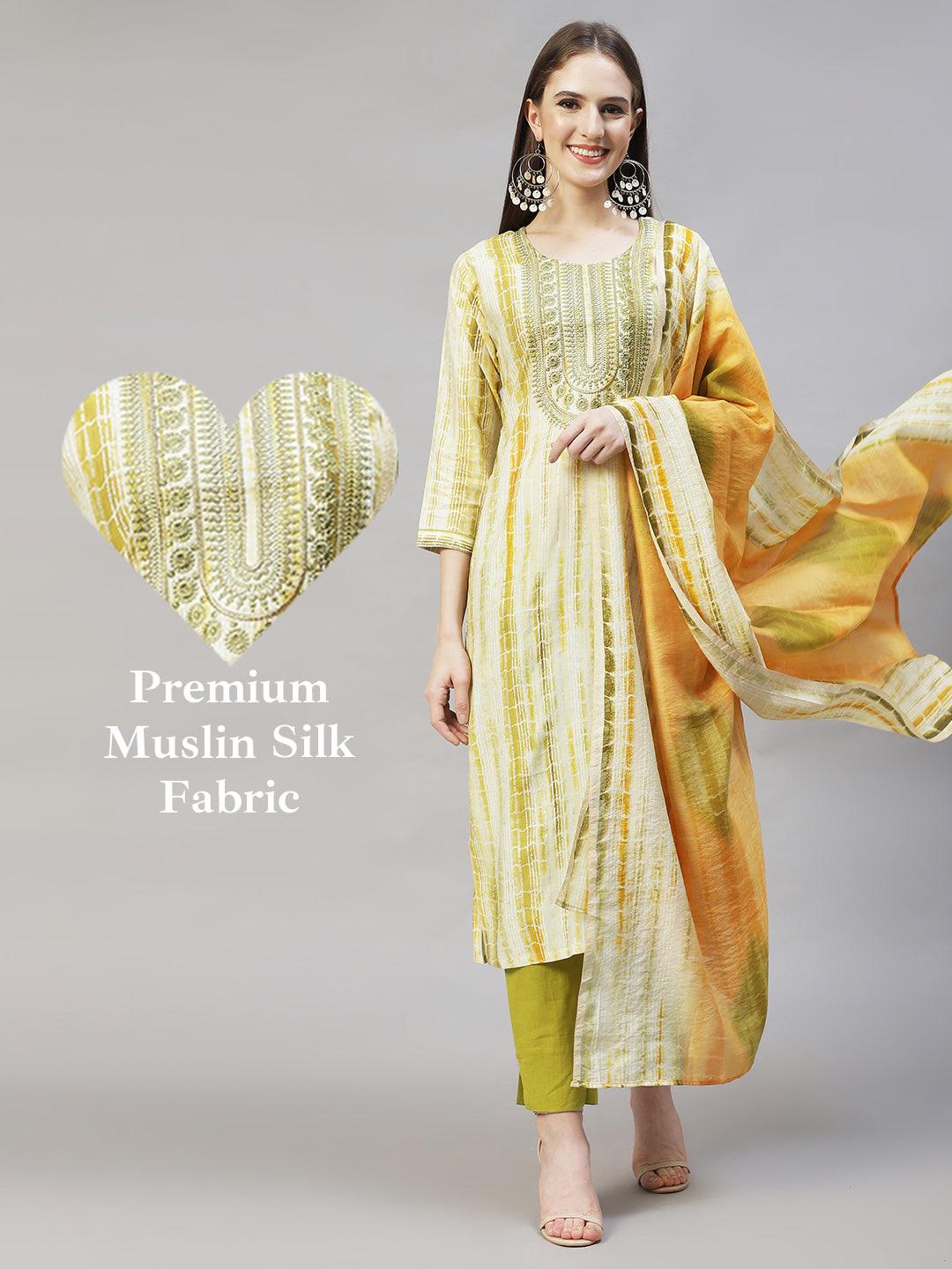 Ethnic Printed & Embroidered Straight Kurta with Dupatta – Light Green - Indiakreations