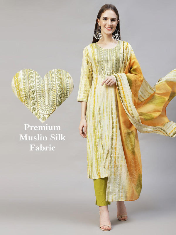 Ethnic Printed & Embroidered Straight Kurta with Dupatta – Light Green - Indiakreations