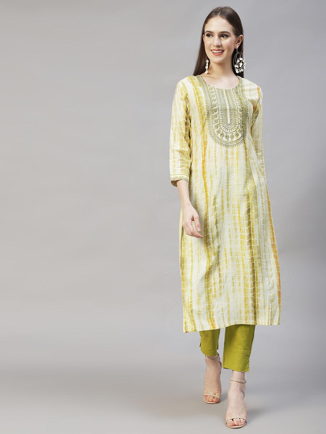 Ethnic Printed & Embroidered Straight Kurta with Dupatta – Light Green - Indiakreations