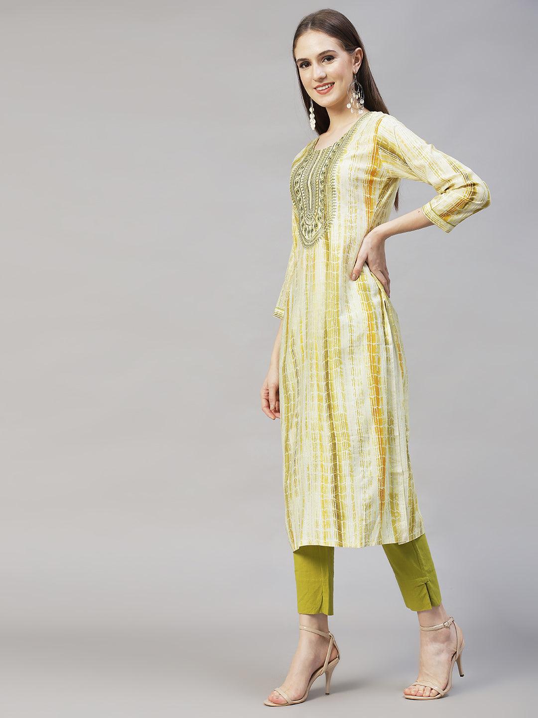 Ethnic Printed & Embroidered Straight Kurta with Dupatta – Light Green - Indiakreations