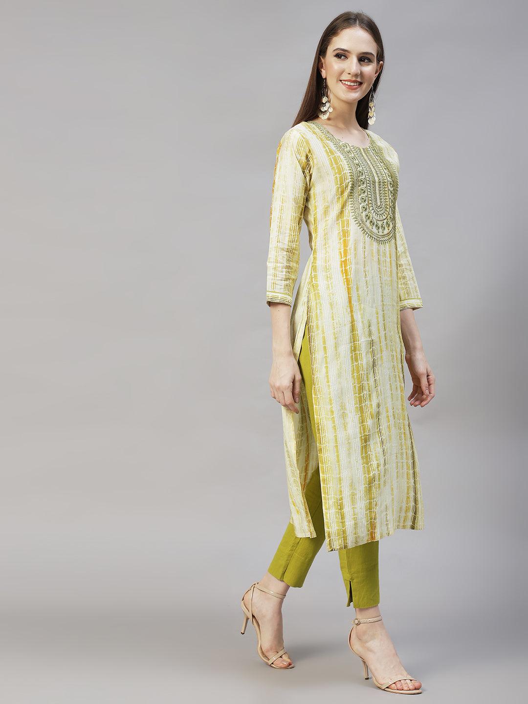 Ethnic Printed & Embroidered Straight Kurta with Dupatta – Light Green - Indiakreations