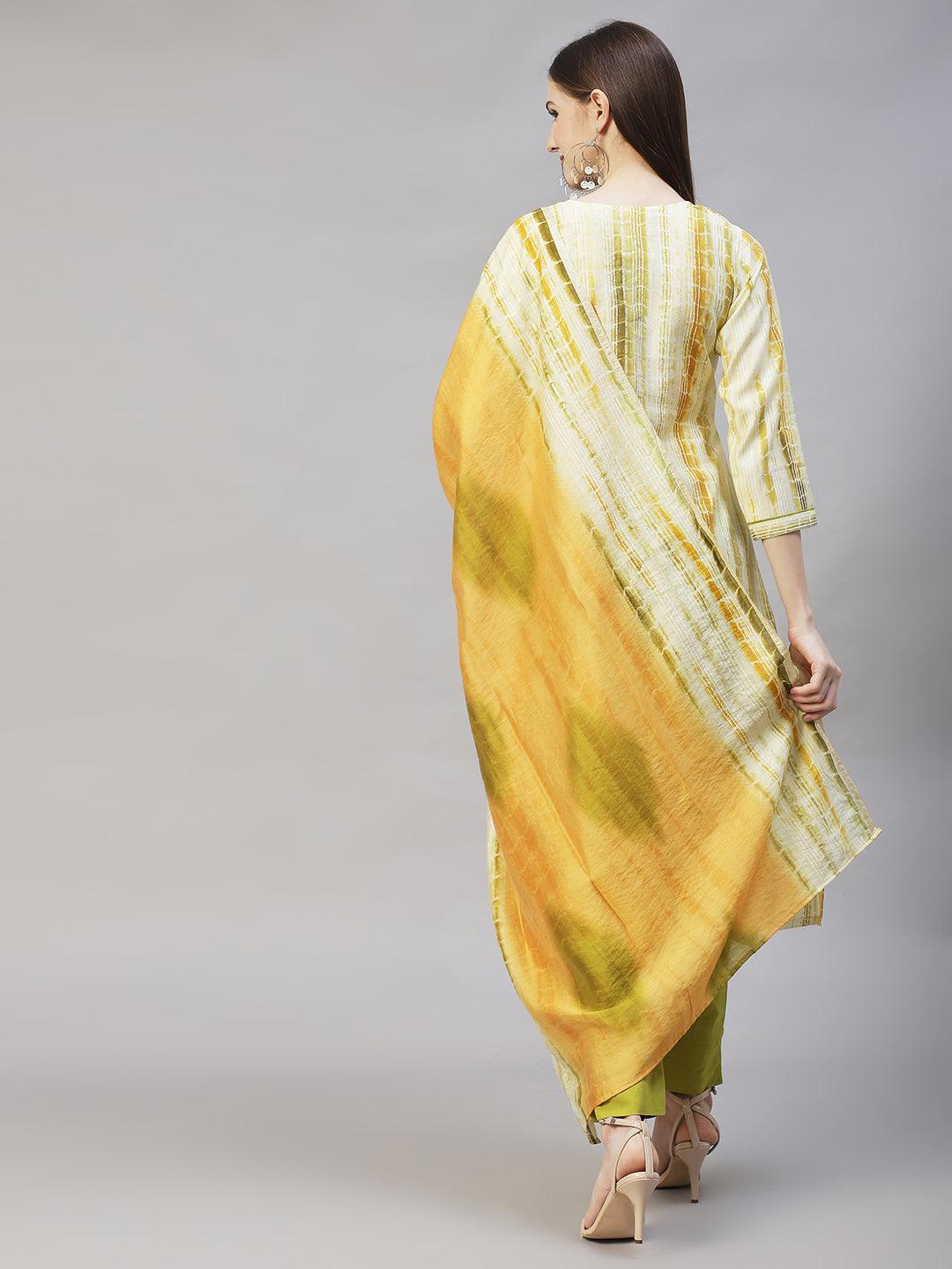 Ethnic Printed & Embroidered Straight Kurta with Dupatta – Light Green - Indiakreations