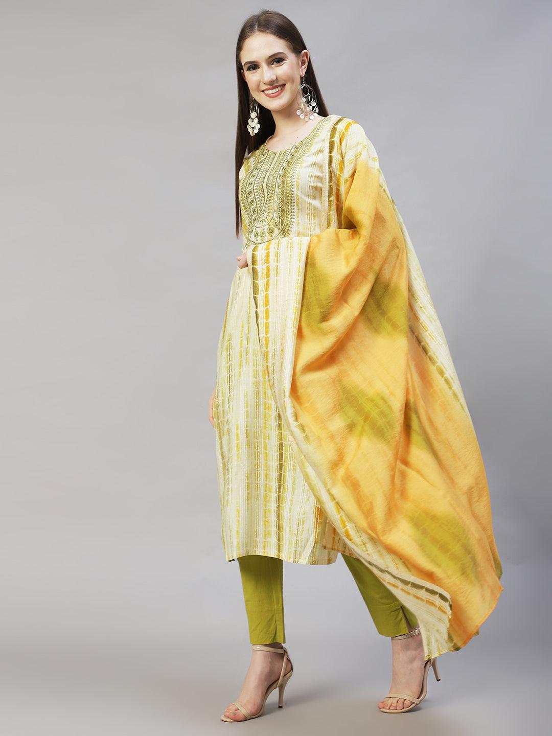 Ethnic Printed & Embroidered Straight Kurta with Dupatta – Light Green - Indiakreations