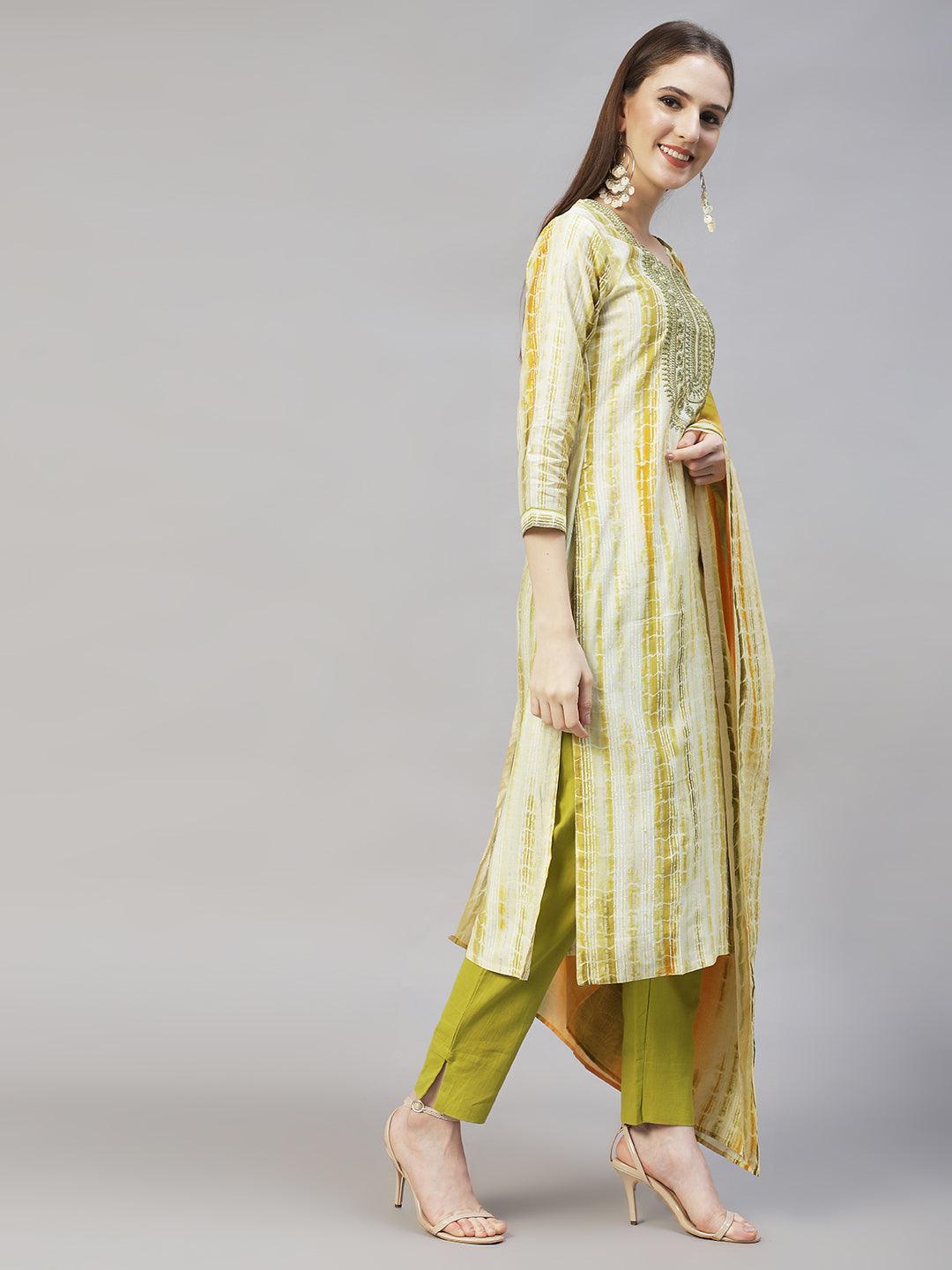 Ethnic Printed & Embroidered Straight Kurta with Dupatta – Light Green - Indiakreations