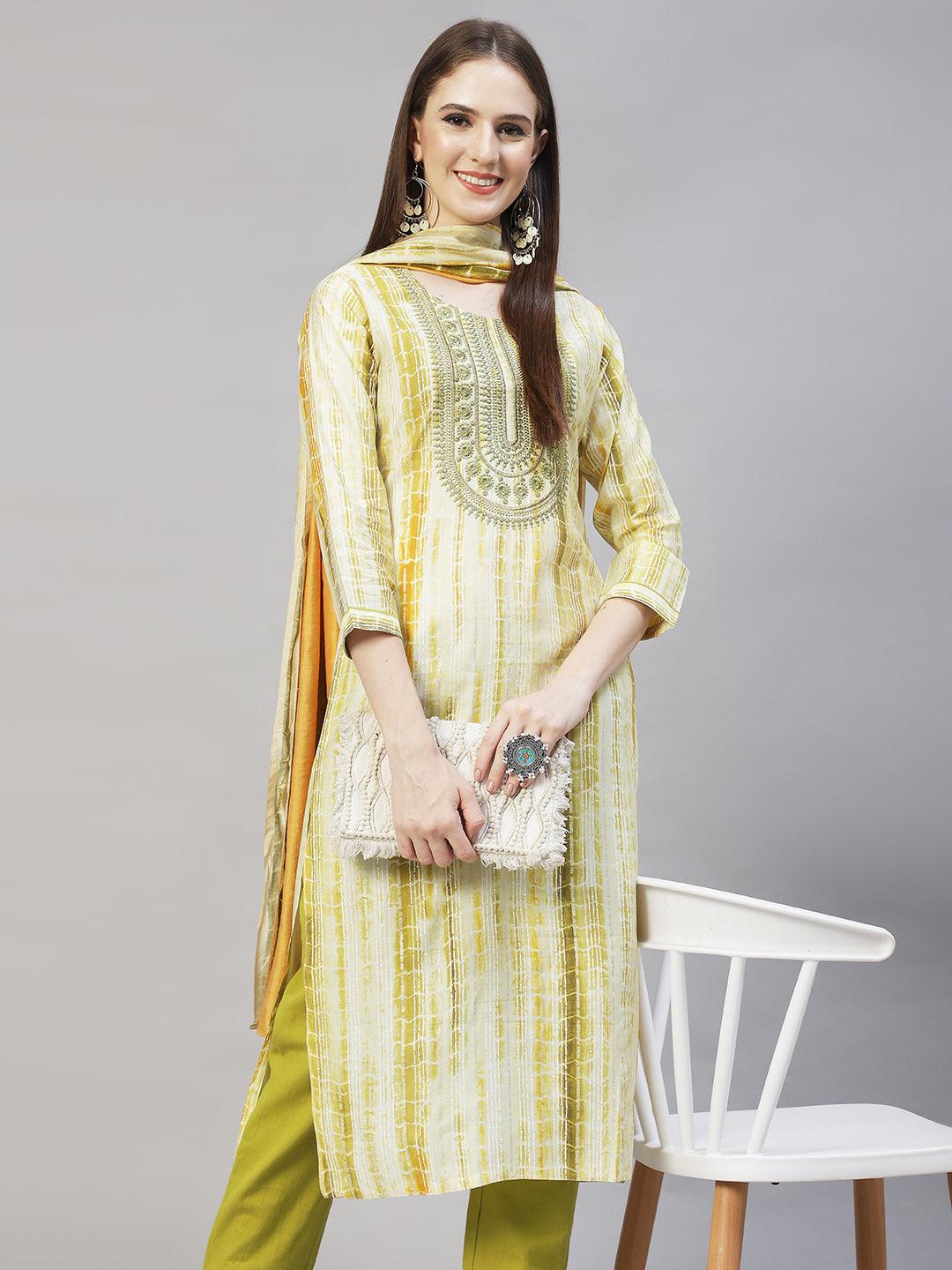 Ethnic Printed & Embroidered Straight Kurta with Dupatta – Light Green - Indiakreations