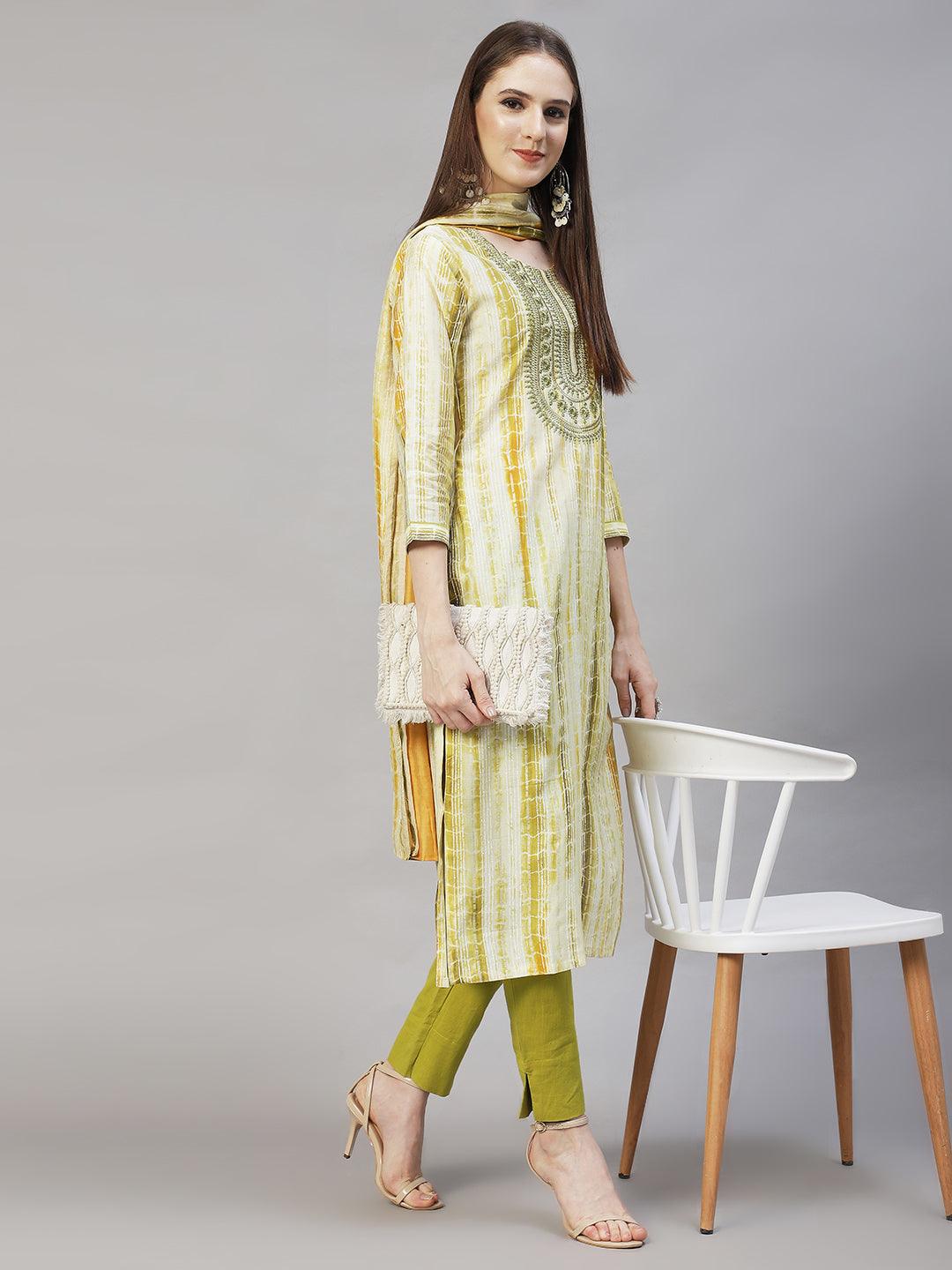 Ethnic Printed & Embroidered Straight Kurta with Dupatta – Light Green - Indiakreations