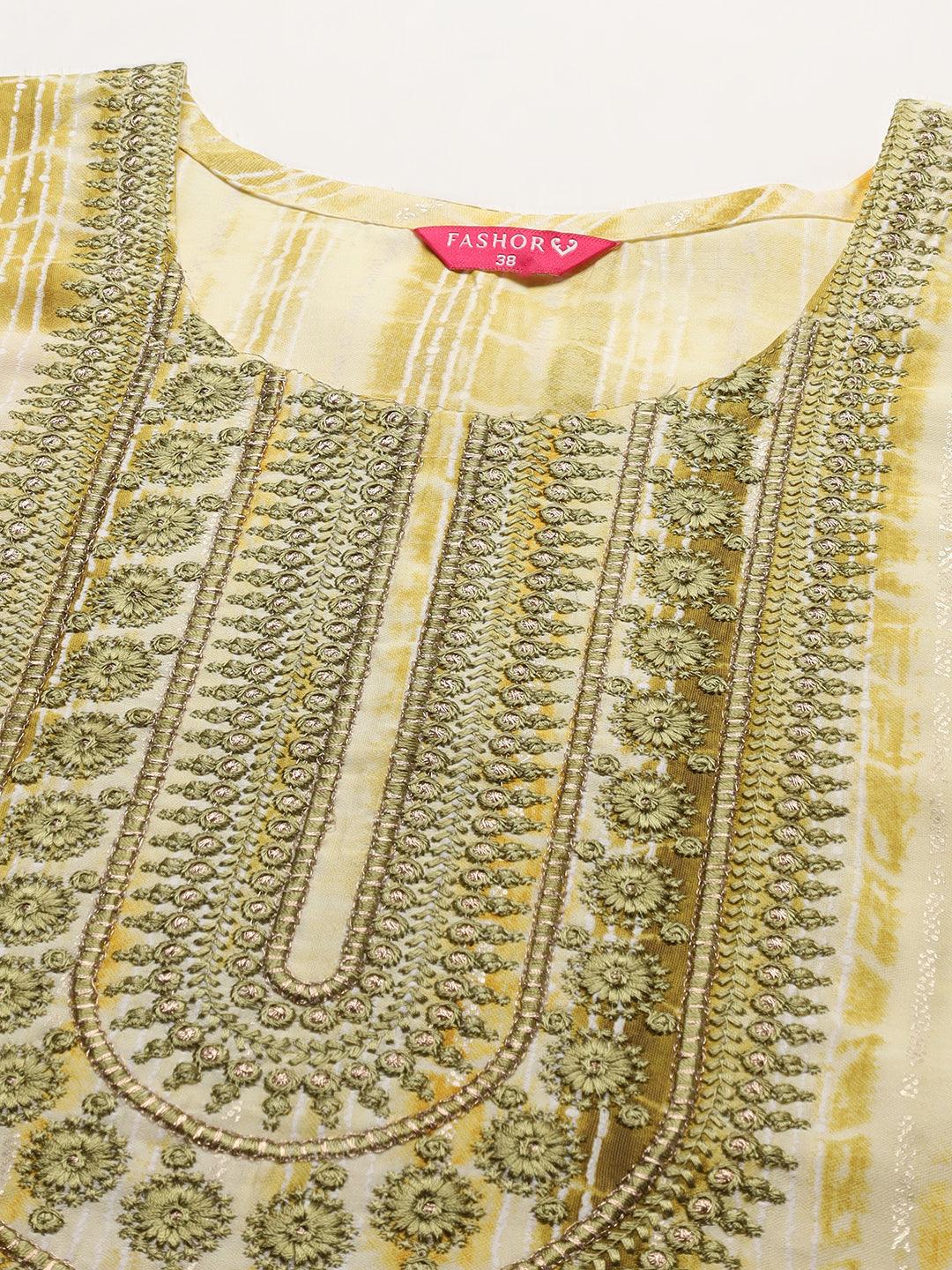 Ethnic Printed & Embroidered Straight Kurta with Dupatta – Light Green - Indiakreations