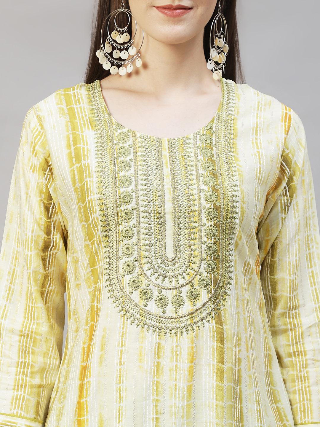 Ethnic Printed & Embroidered Straight Kurta with Dupatta – Light Green - Indiakreations