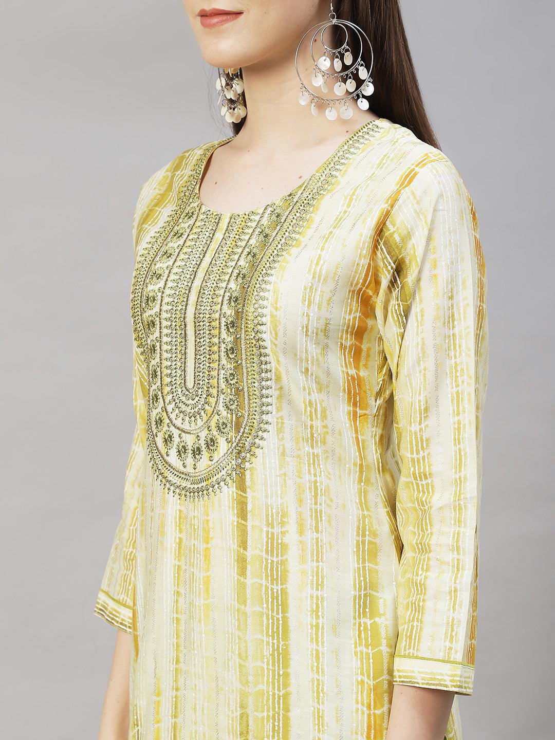 Ethnic Printed & Embroidered Straight Kurta with Dupatta – Light Green - Indiakreations