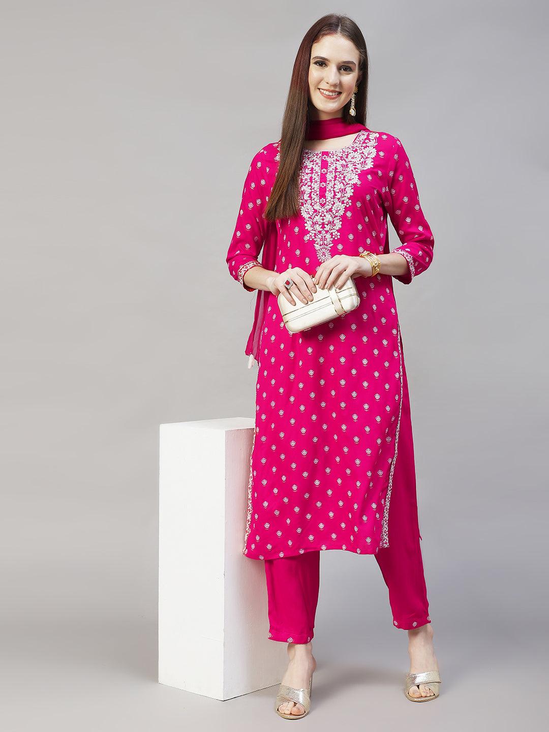 Floral Printed & Embroidered Straight Kurta with Pants & Dupatta - Rani Pink - Indiakreations