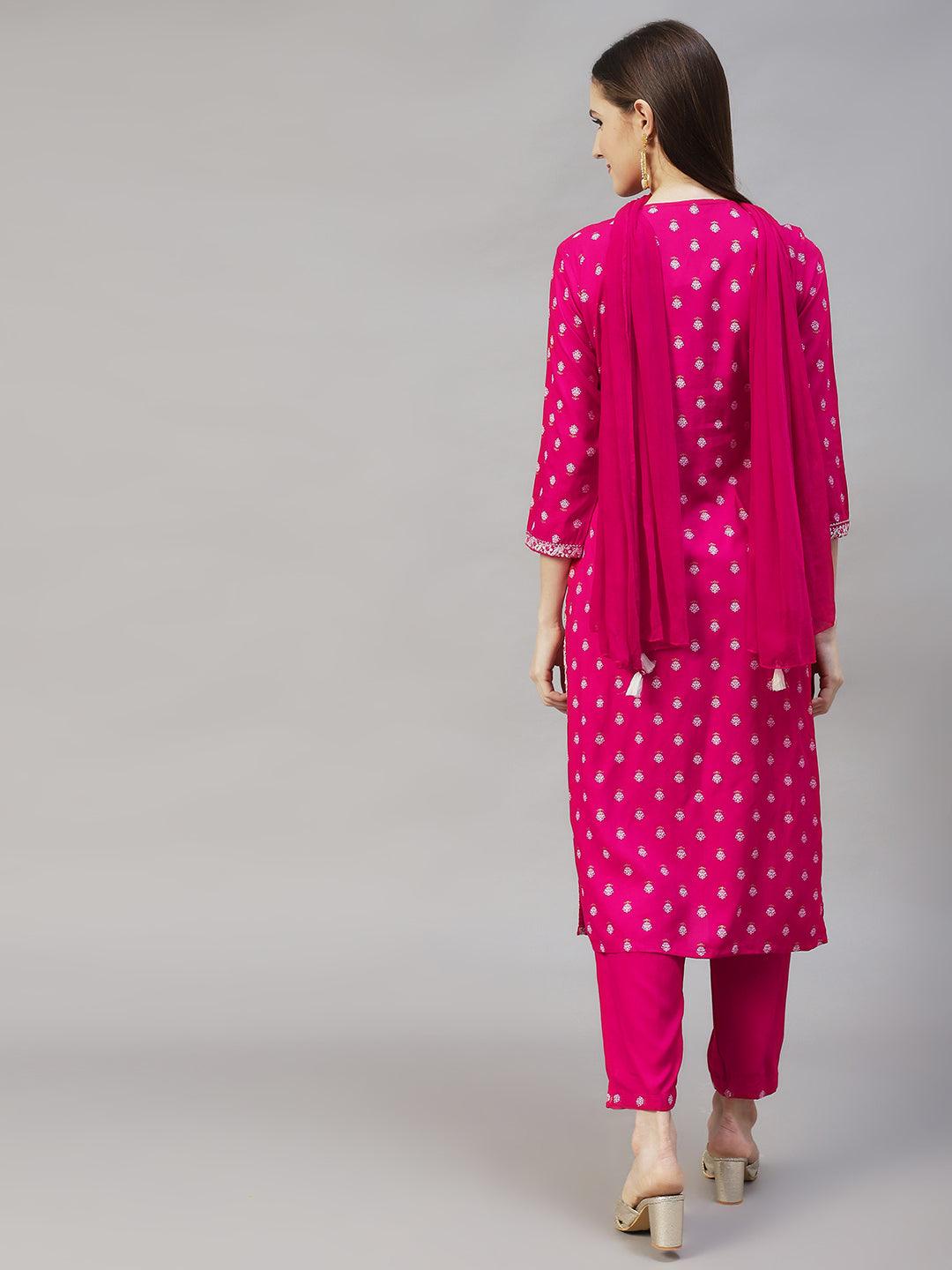 Floral Printed & Embroidered Straight Kurta with Pants & Dupatta - Rani Pink - Indiakreations