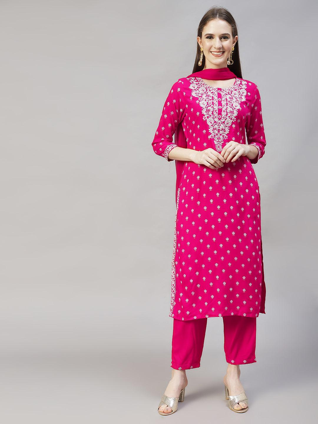 Floral Printed & Embroidered Straight Kurta with Pants & Dupatta - Rani Pink - Indiakreations