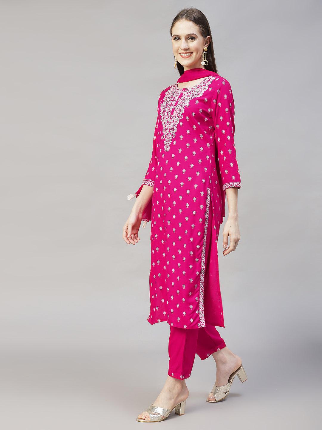 Floral Printed & Embroidered Straight Kurta with Pants & Dupatta - Rani Pink - Indiakreations