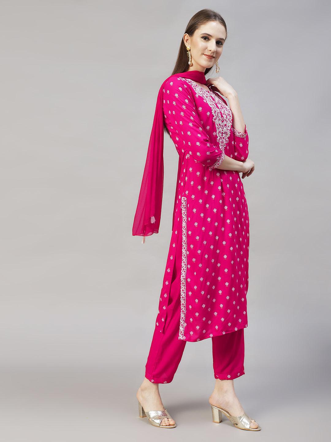 Floral Printed & Embroidered Straight Kurta with Pants & Dupatta - Rani Pink - Indiakreations