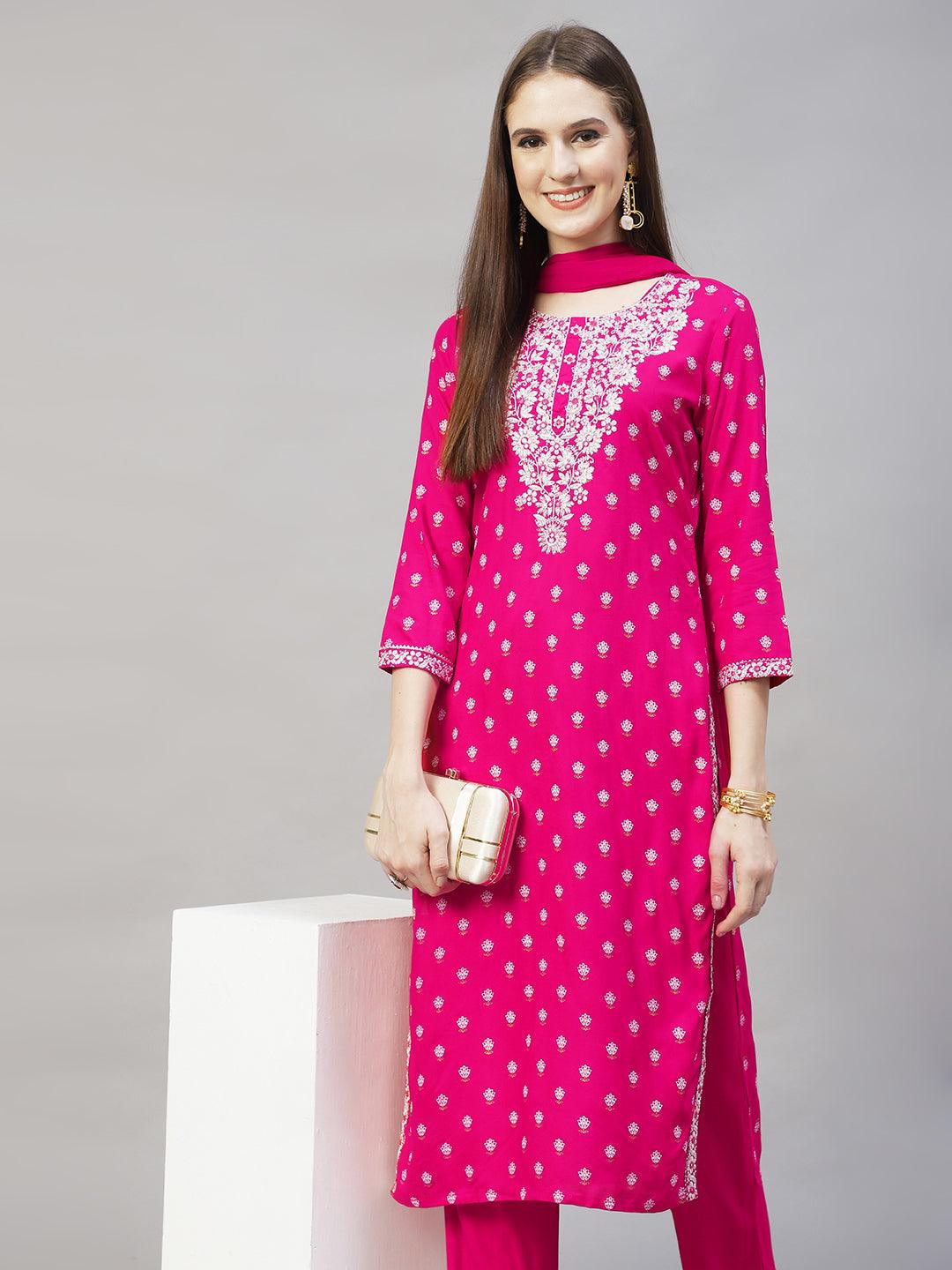 Floral Printed & Embroidered Straight Kurta with Pants & Dupatta - Rani Pink - Indiakreations