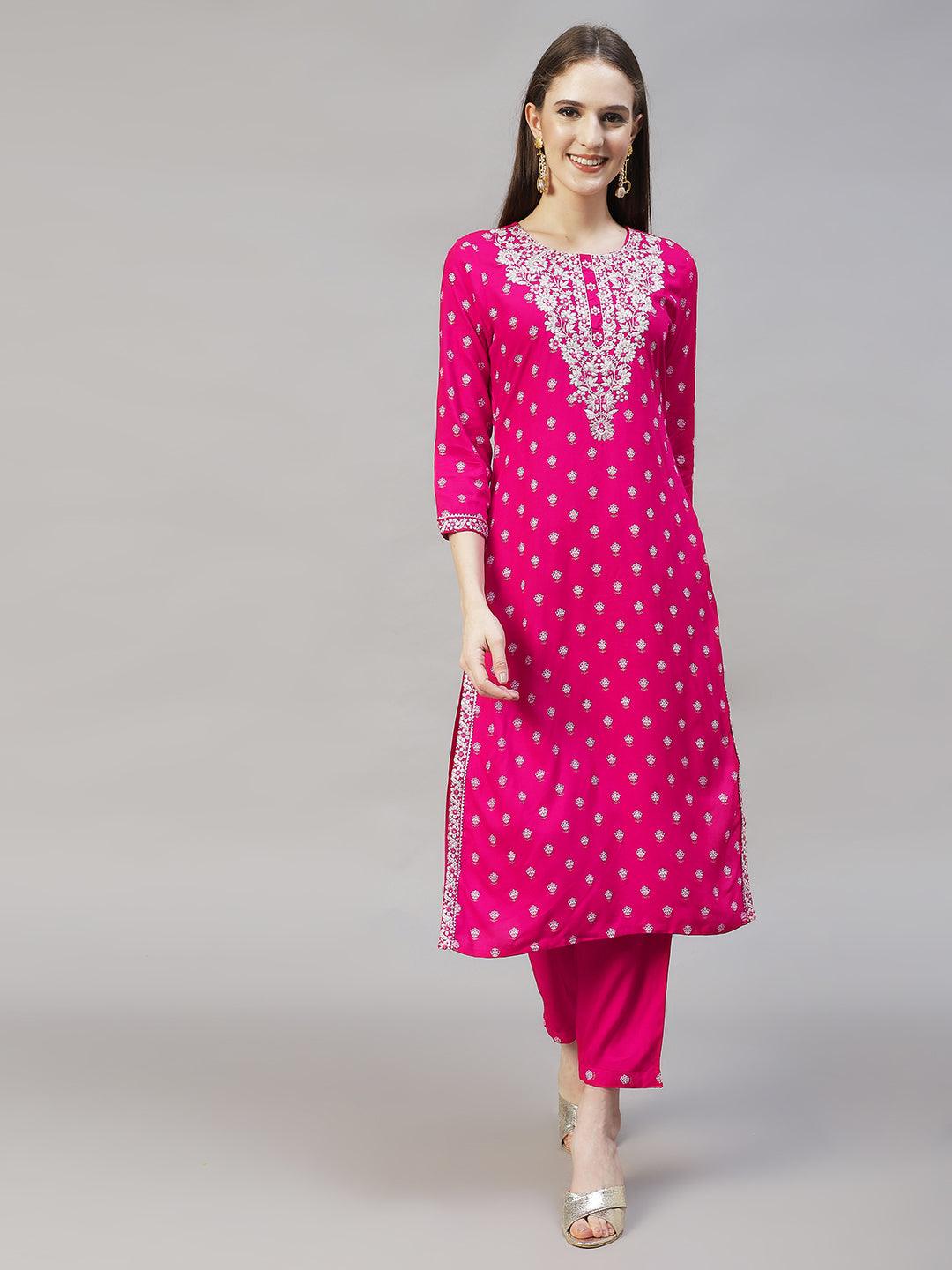 Floral Printed & Embroidered Straight Kurta with Pants & Dupatta - Rani Pink - Indiakreations