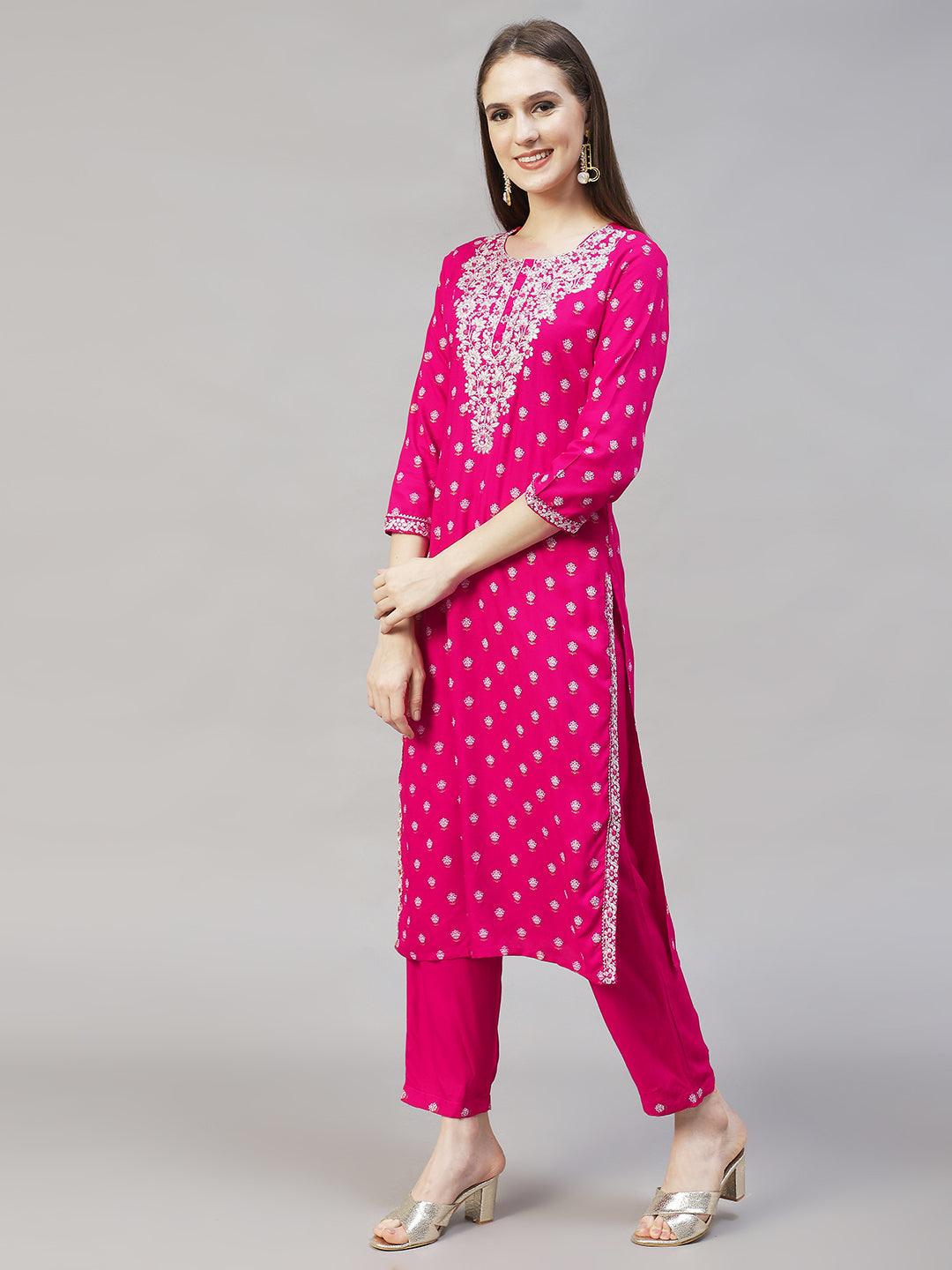 Floral Printed & Embroidered Straight Kurta with Pants & Dupatta - Rani Pink - Indiakreations