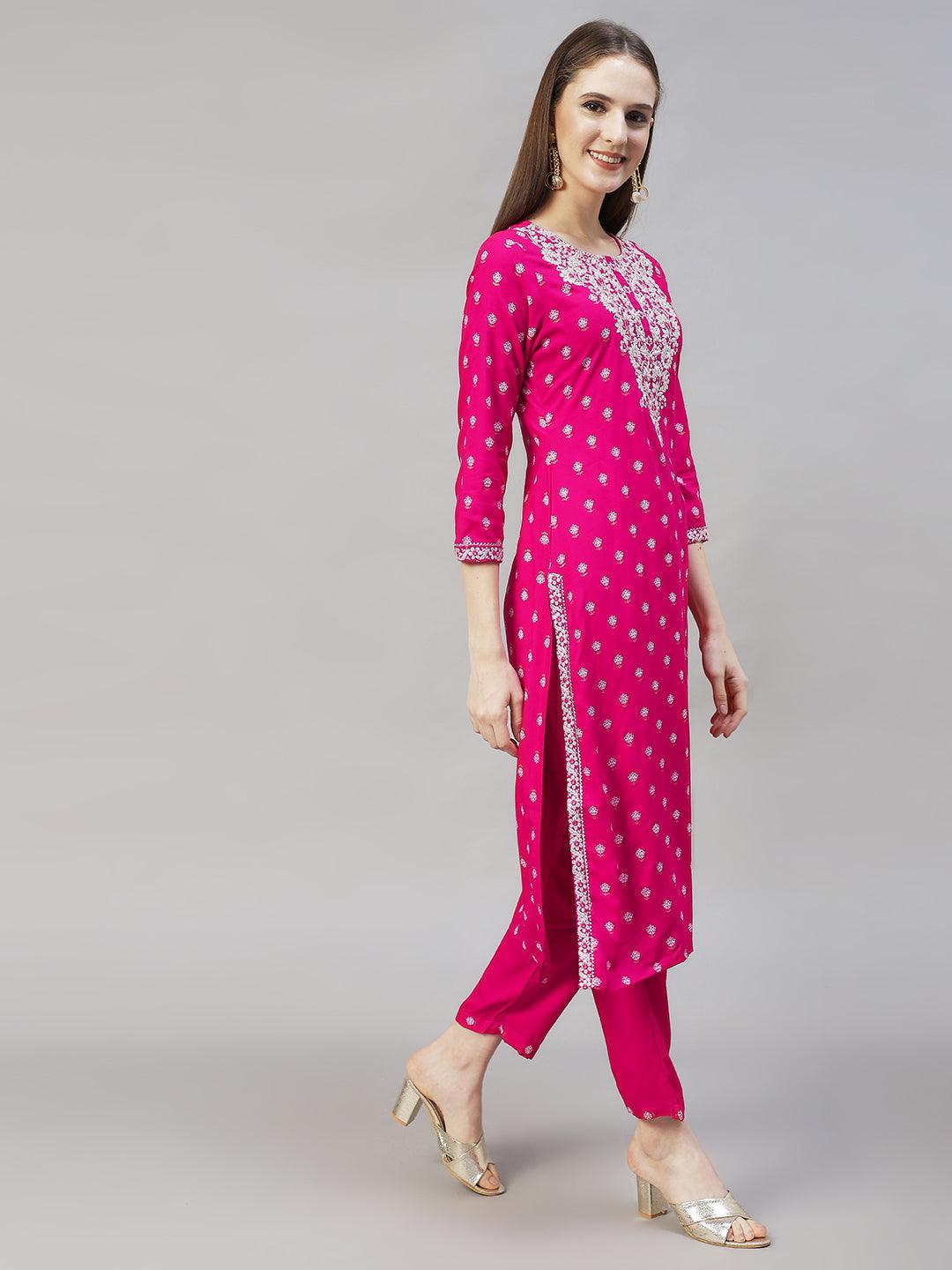 Floral Printed & Embroidered Straight Kurta with Pants & Dupatta - Rani Pink - Indiakreations