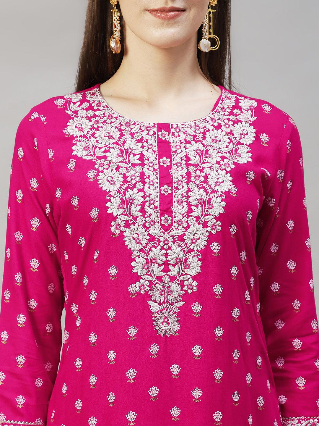 Floral Printed & Embroidered Straight Kurta with Pants & Dupatta - Rani Pink - Indiakreations